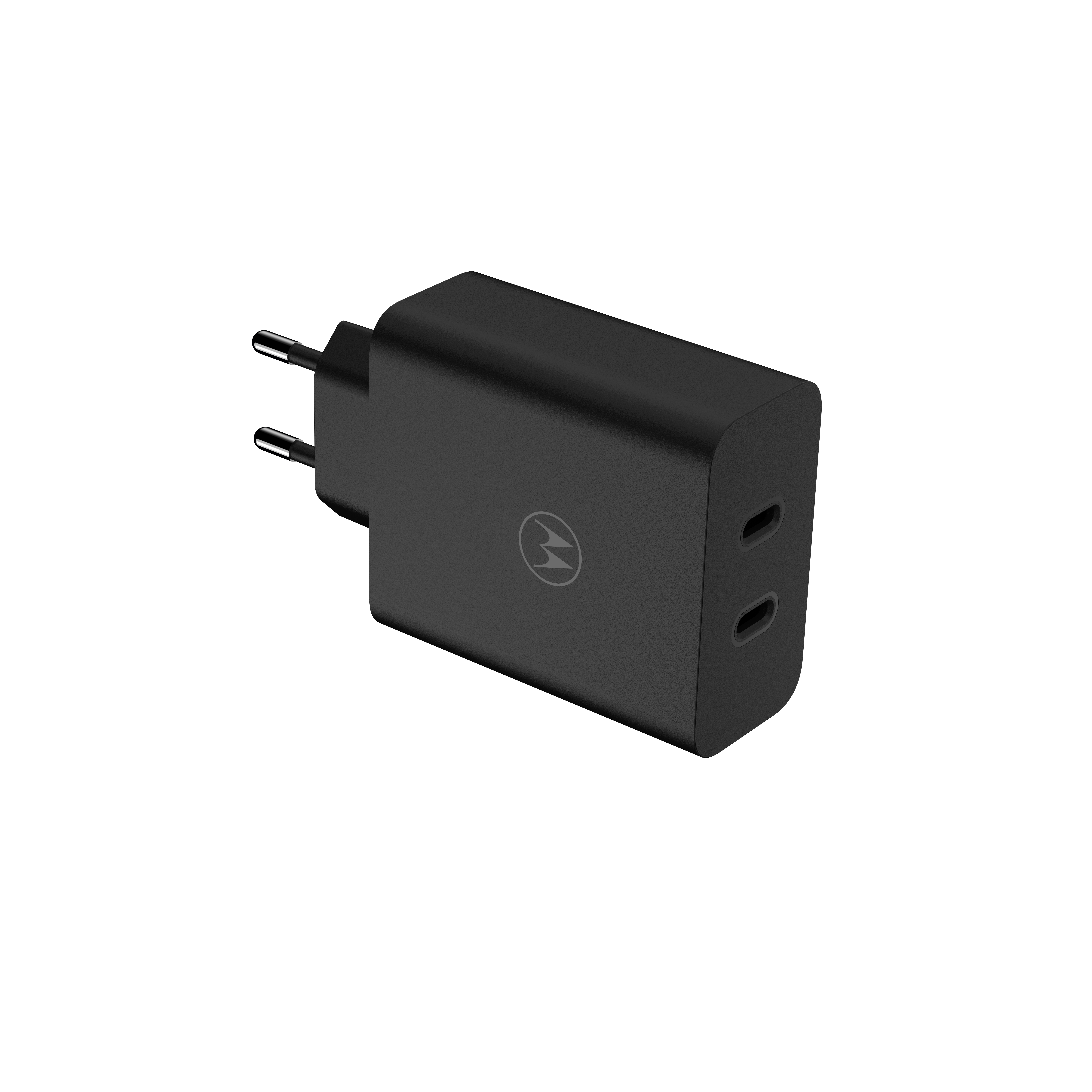 Un chargeur Motorola noir avec deux broches et deux ports USB-C. Le logo Motorola est visible.