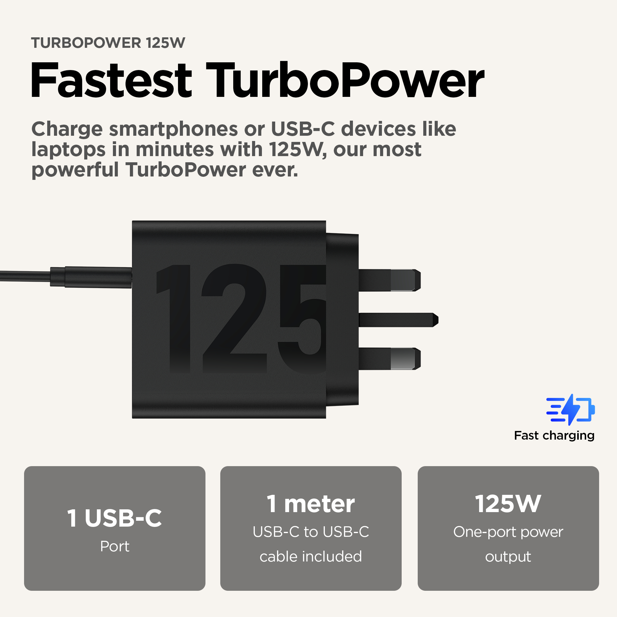 La imagen muestra un cargador TurboPower negro con salida de 125W. Tiene un puerto USB-C y un cable USB-C de 1 metro.