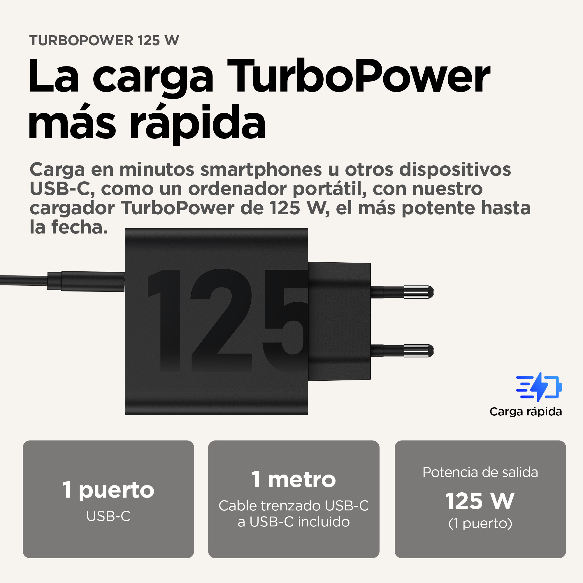 Imagen muestra un cargador TurboPower negro con cable. Texto destaca carga rápida y salida de 125W.