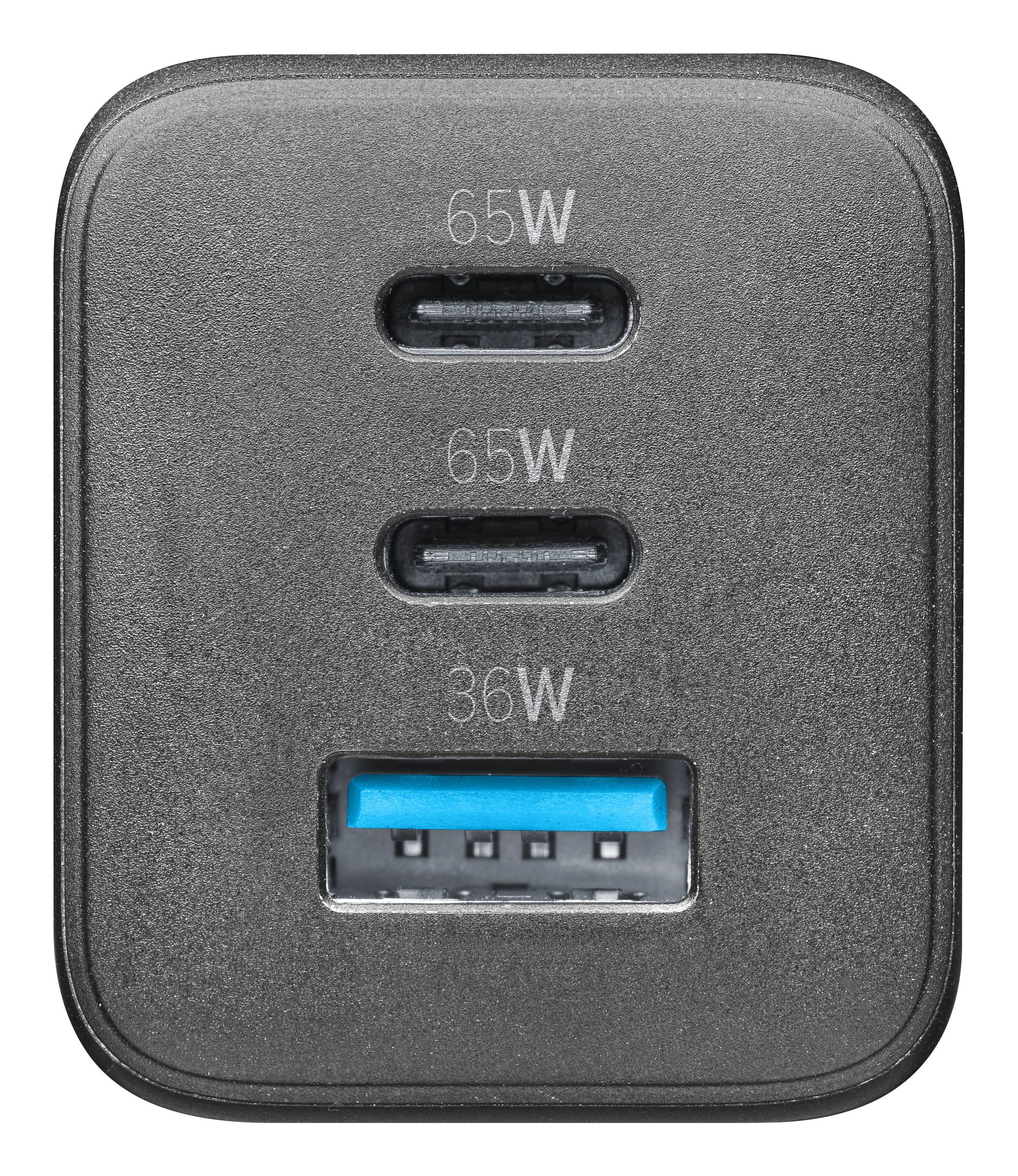 Dunkelgraues Ladegerät mit drei Anschlüssen: zwei 65W USB-C und ein 36W USB-A (blau).