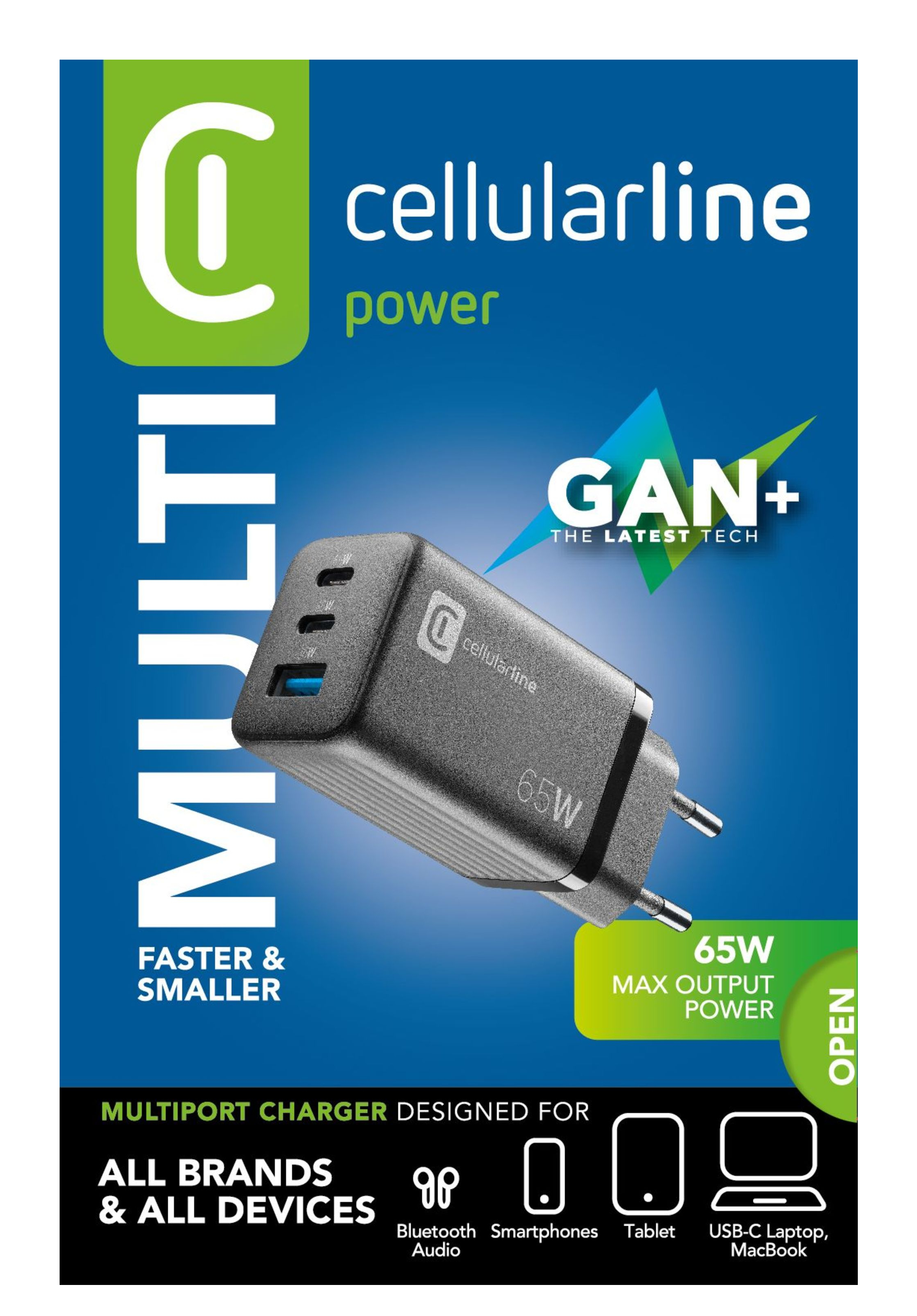 Werbung für ein Cellularline-Multiport-Ladegerät. Es zeigt das Ladegerät, Text und Symbole auf blauem und schwarzem Hintergrund.