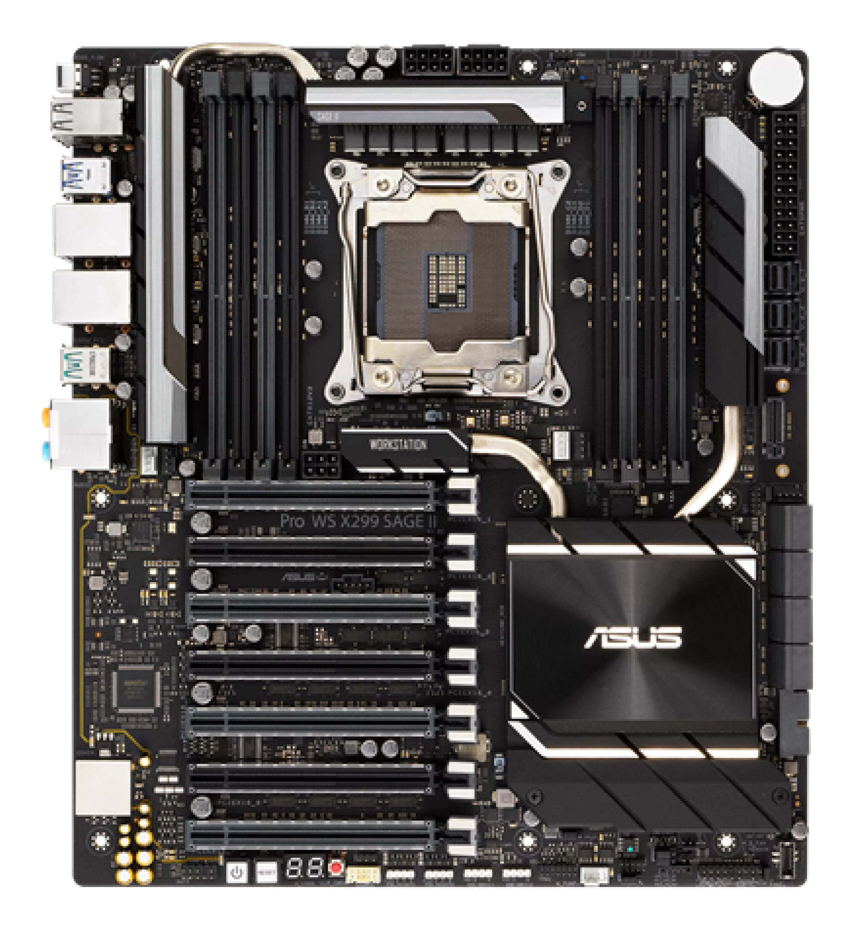 Una scheda madre ASUS Pro WS X299 SAGE II nera con vari connettori, slot e il logo ASUS.