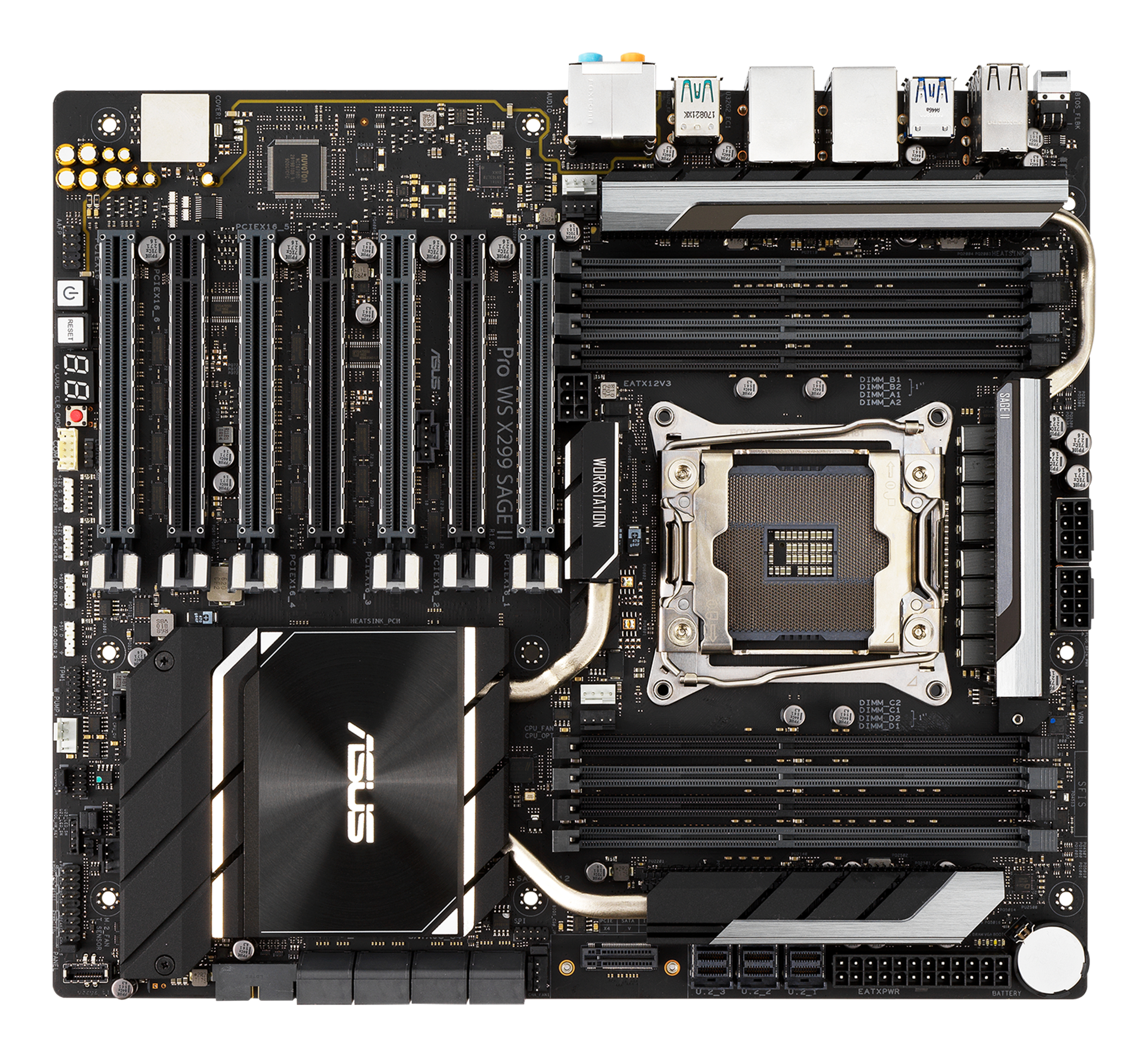 Una scheda madre ASUS Pro WS X299 SAGE II nera. Include socket CPU, slot RAM e vari connettori.