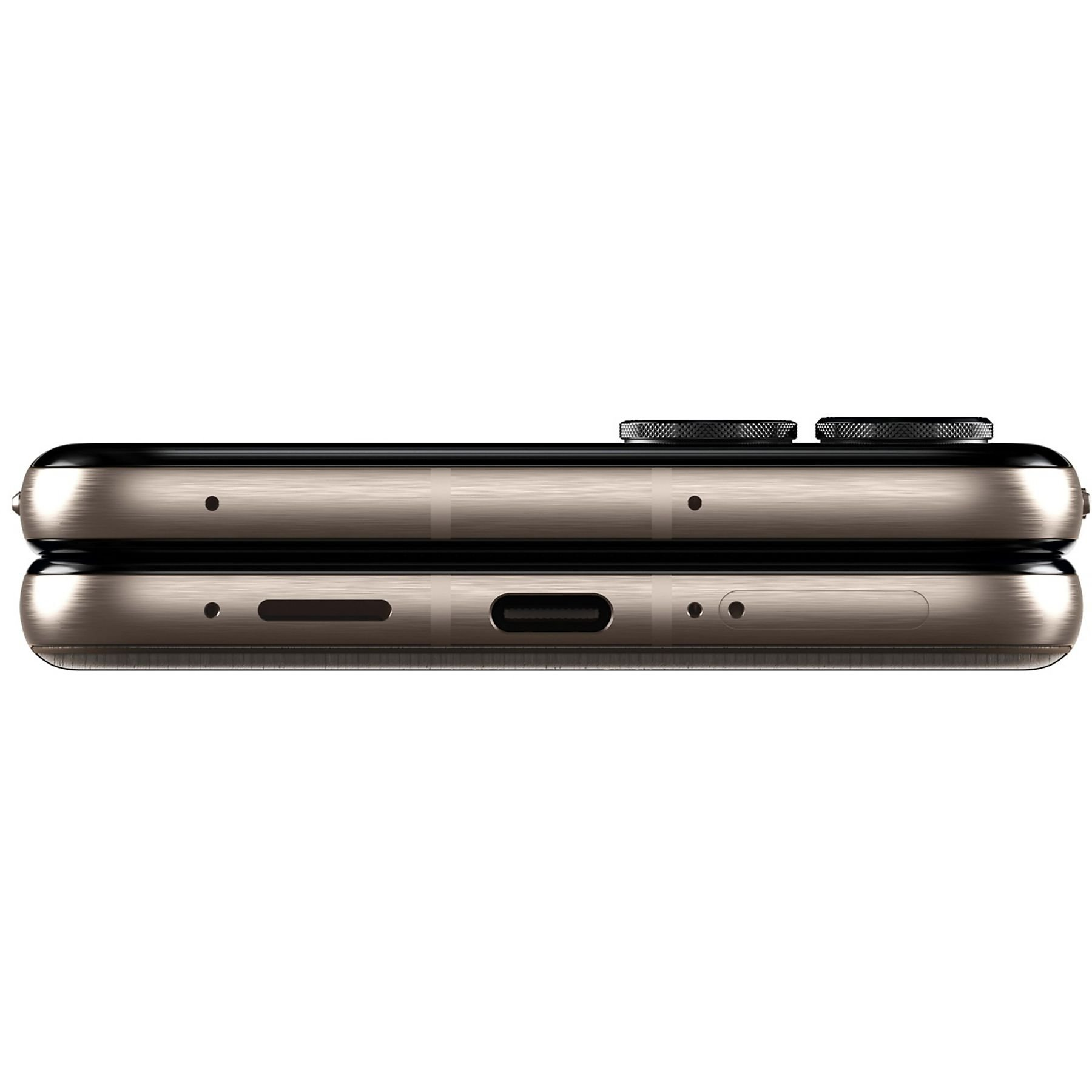 Twee smartphones, zijaanzicht, gestapeld. De bovenste heeft camerarings. De onderste heeft een poort. Beide zijn metallic beige.