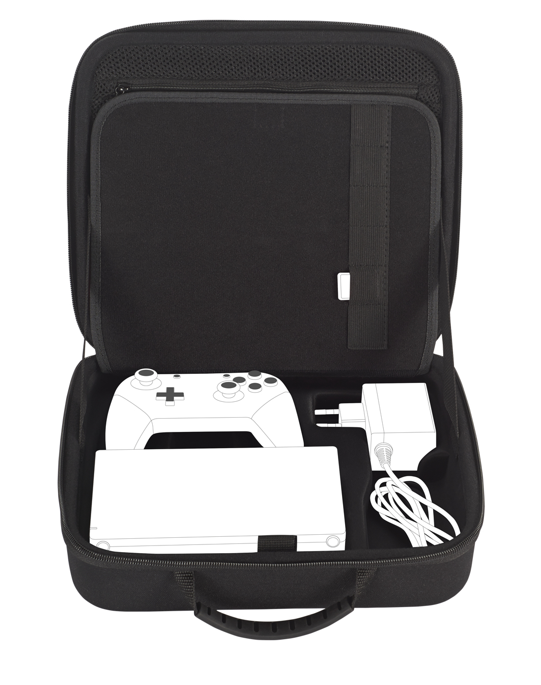 Open black case containing a white game console, controller, and power adapter. The case has a handle and mesh pocket.