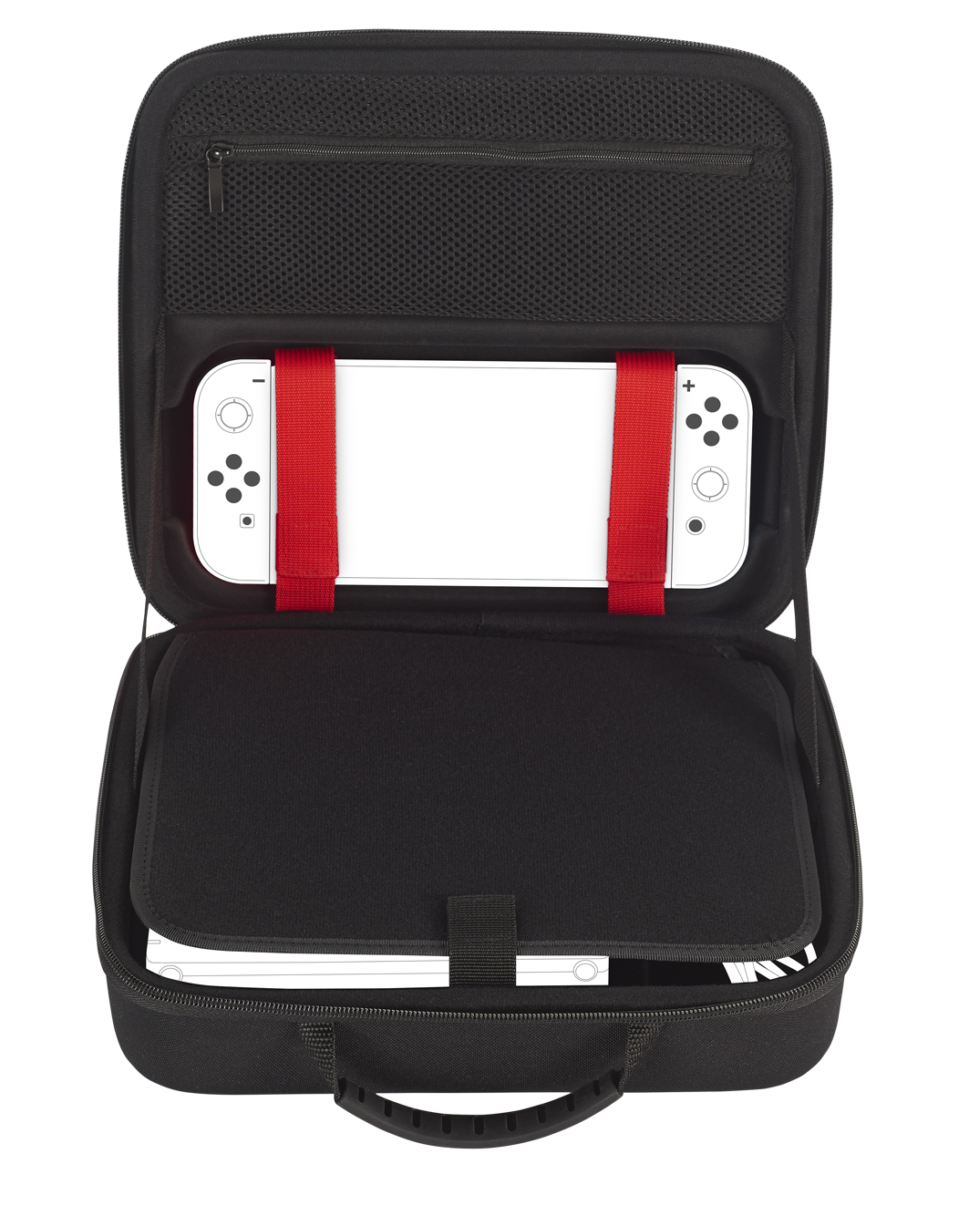 Open black case with a white Nintendo Switch secured by red straps. The case has a mesh pocket and a handle.