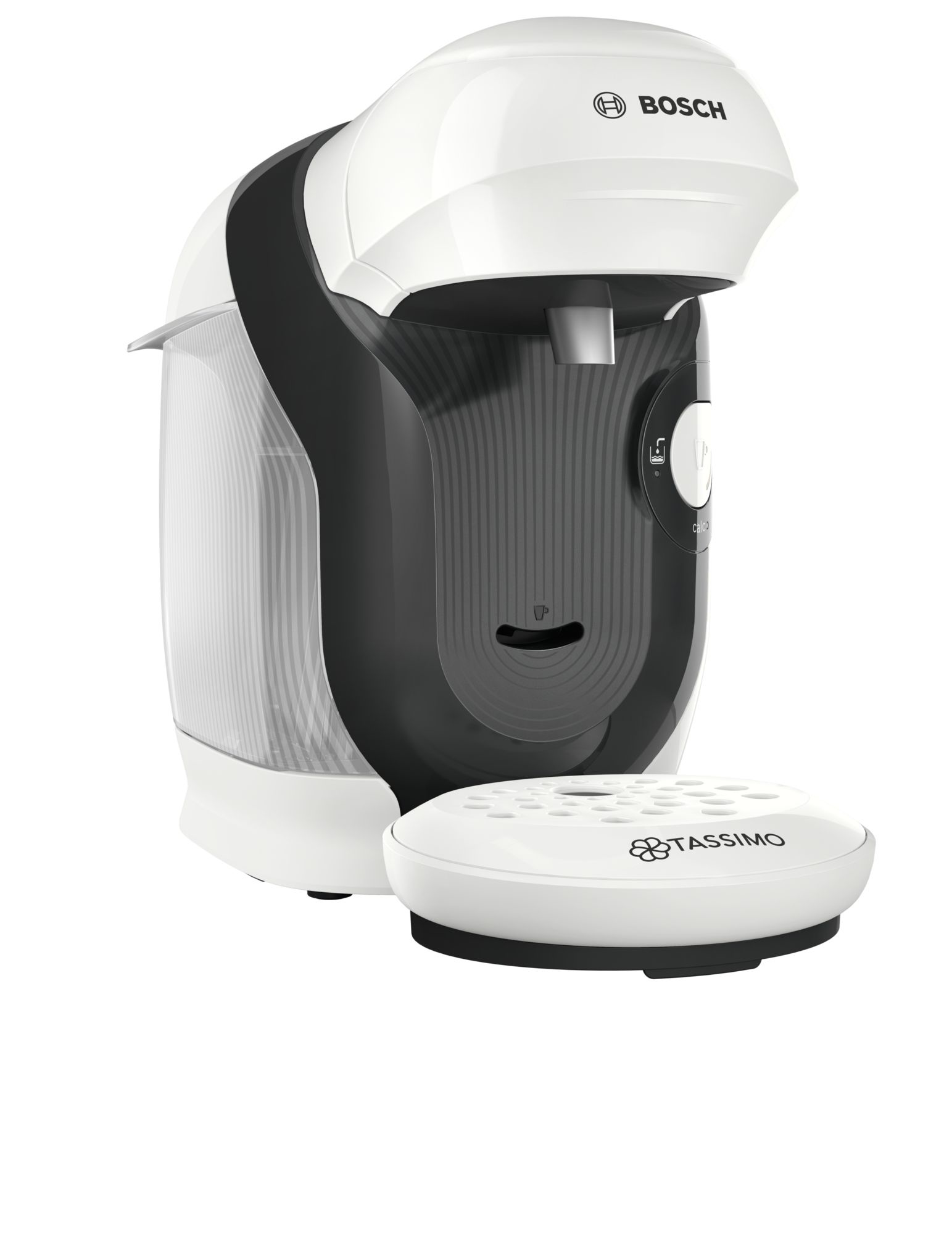 Eine weiß-schwarze Bosch Tassimo Kaffeemaschine. Sie hat einen Wassertank, einen Podhalter und einen Tassenständer.