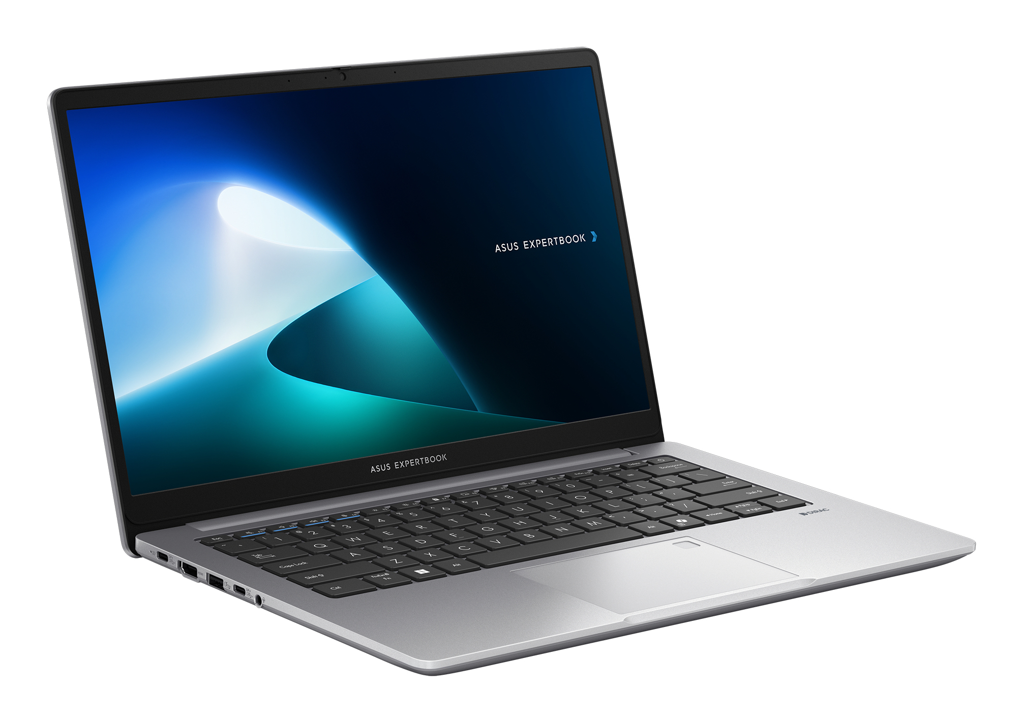 Srebrny laptop Asus Expertbook jest pokazany pod kątem. Ekran wyświetla niebiesko-zielony gradient. Klawiatura jest widoczna.