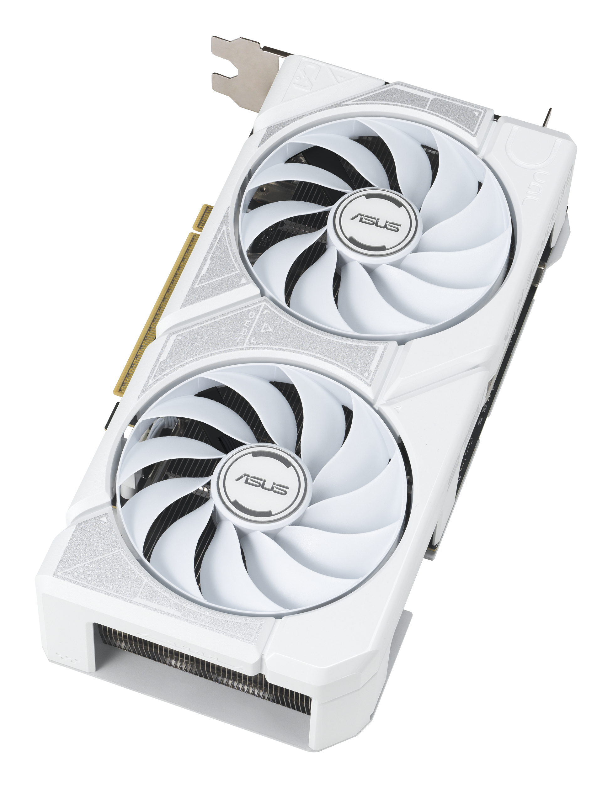 Tarjeta gráfica ASUS blanca. Tiene dos ventiladores y el logotipo de ASUS. El fondo es blanco.