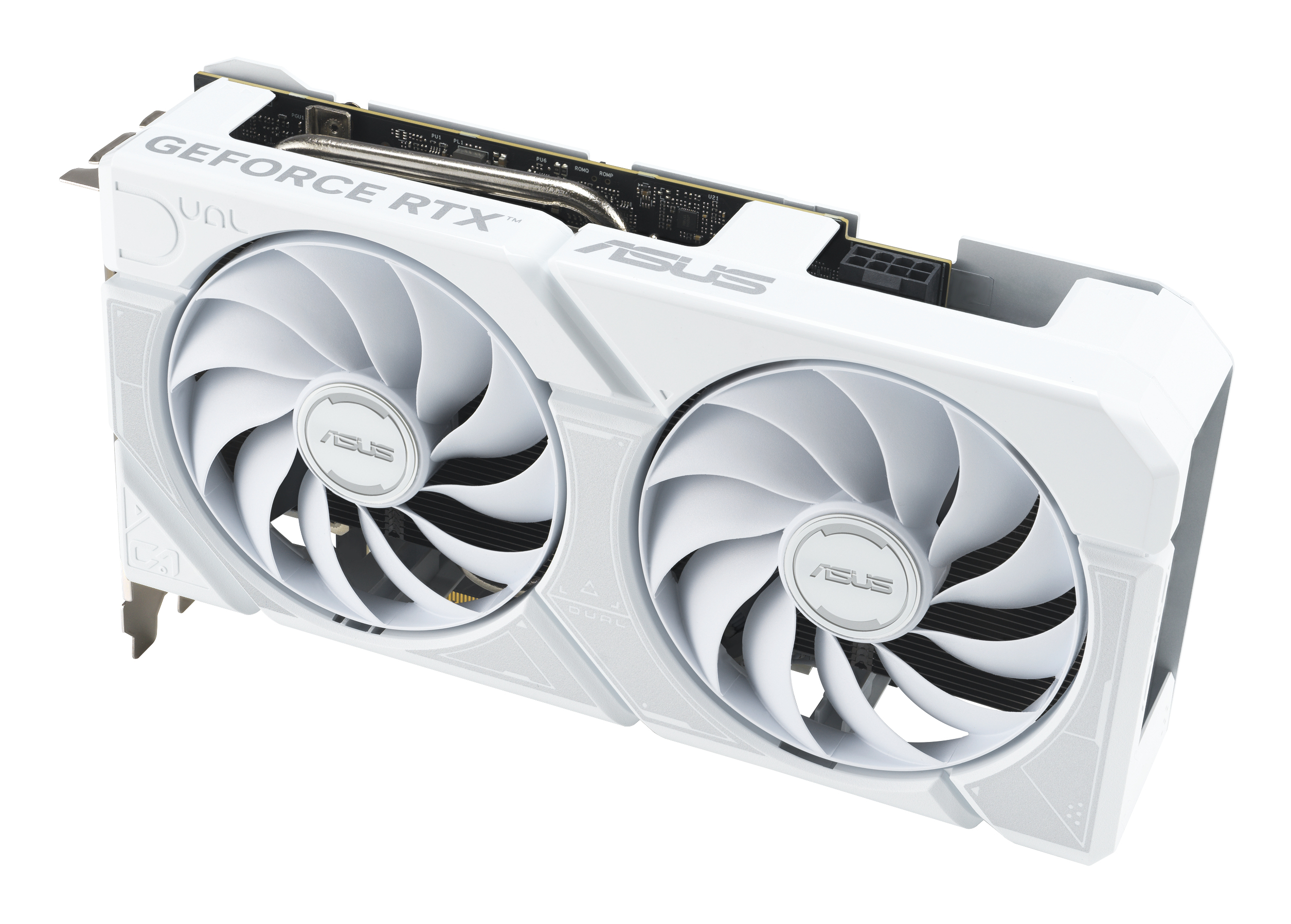 Tarjeta gráfica ASUS GeForce RTX blanca con dos ventiladores grandes. Los ventiladores son blancos y la tarjeta tiene logotipos de ASUS y GeForce RTX.