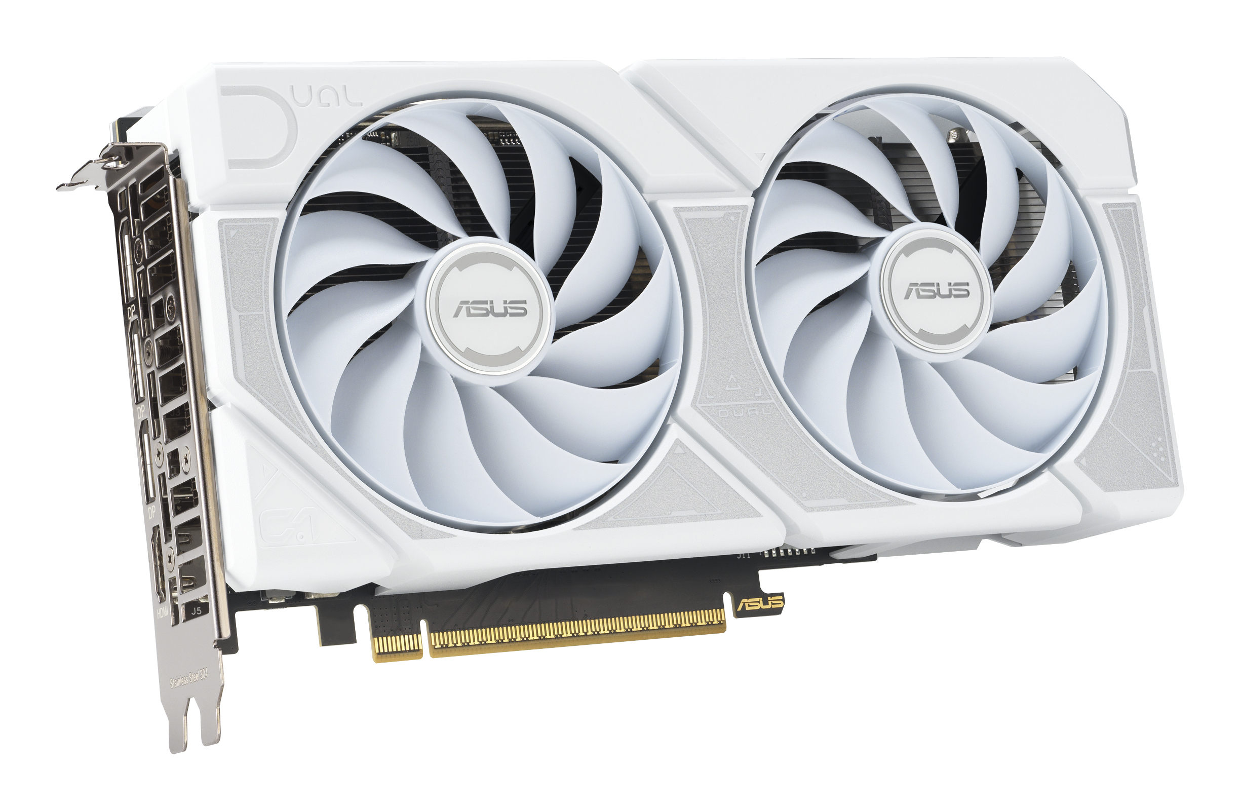 Una tarjeta gráfica blanca ASUS Dual. Tiene dos ventiladores, el logotipo de ASUS y una placa posterior metálica con puertos.
