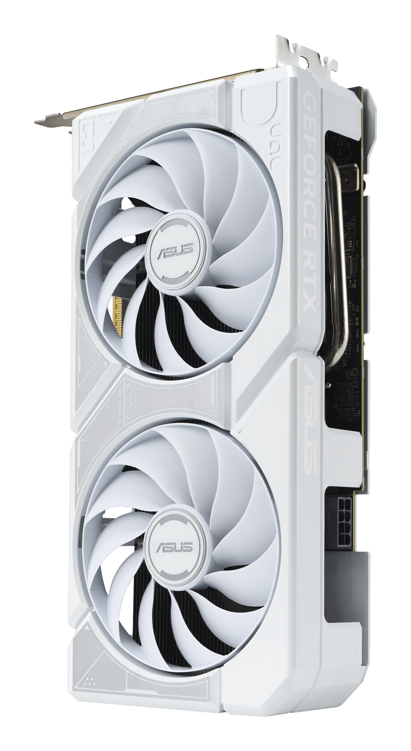 Una tarjeta gráfica ASUS GeForce RTX blanca. Tiene dos ventiladores y el logotipo de ASUS. El fondo es blanco.
