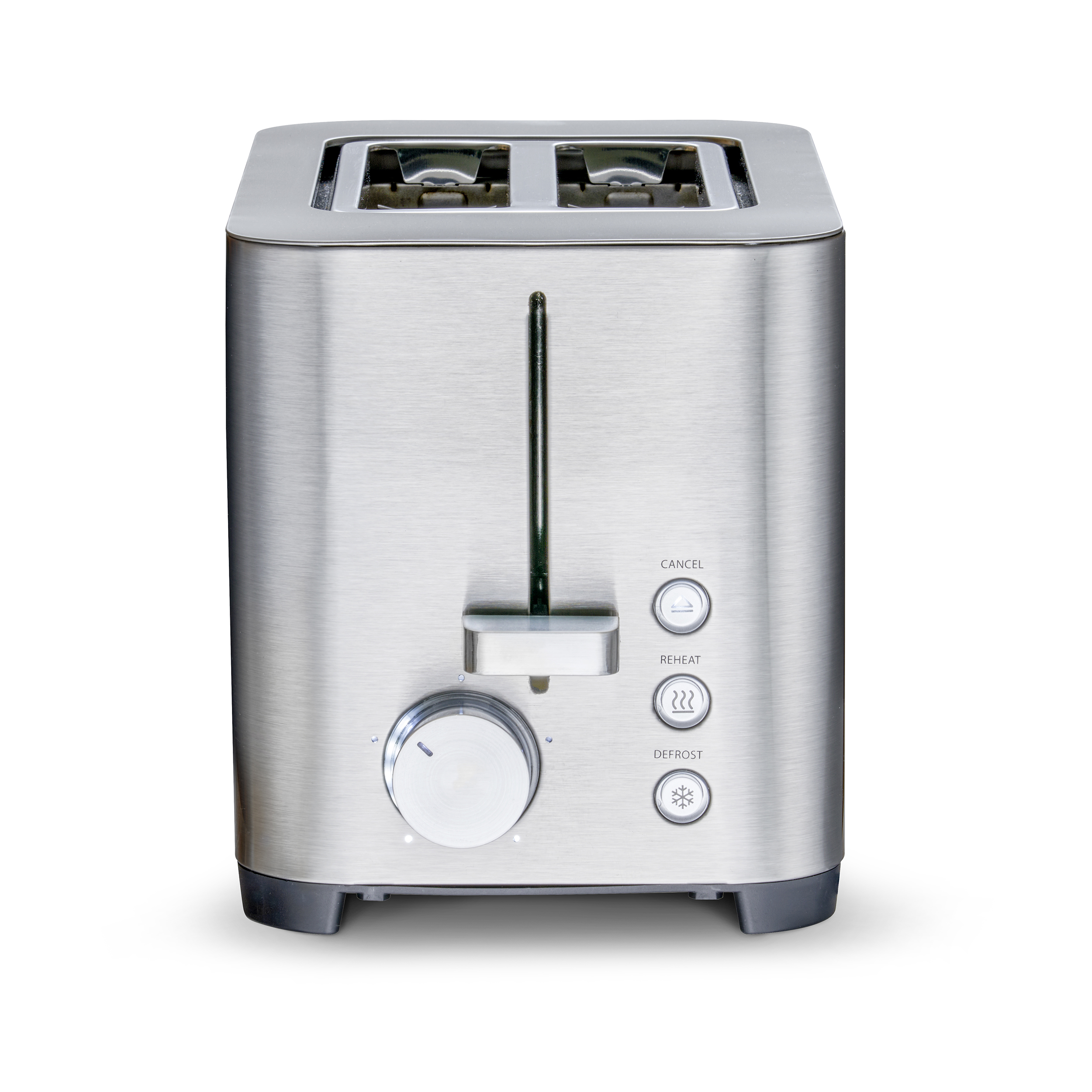 Ein Edelstahl-Toaster steht auf weißem Hintergrund. Er hat Schlitze für zwei Brotscheiben, Knöpfe und einen Drehregler.