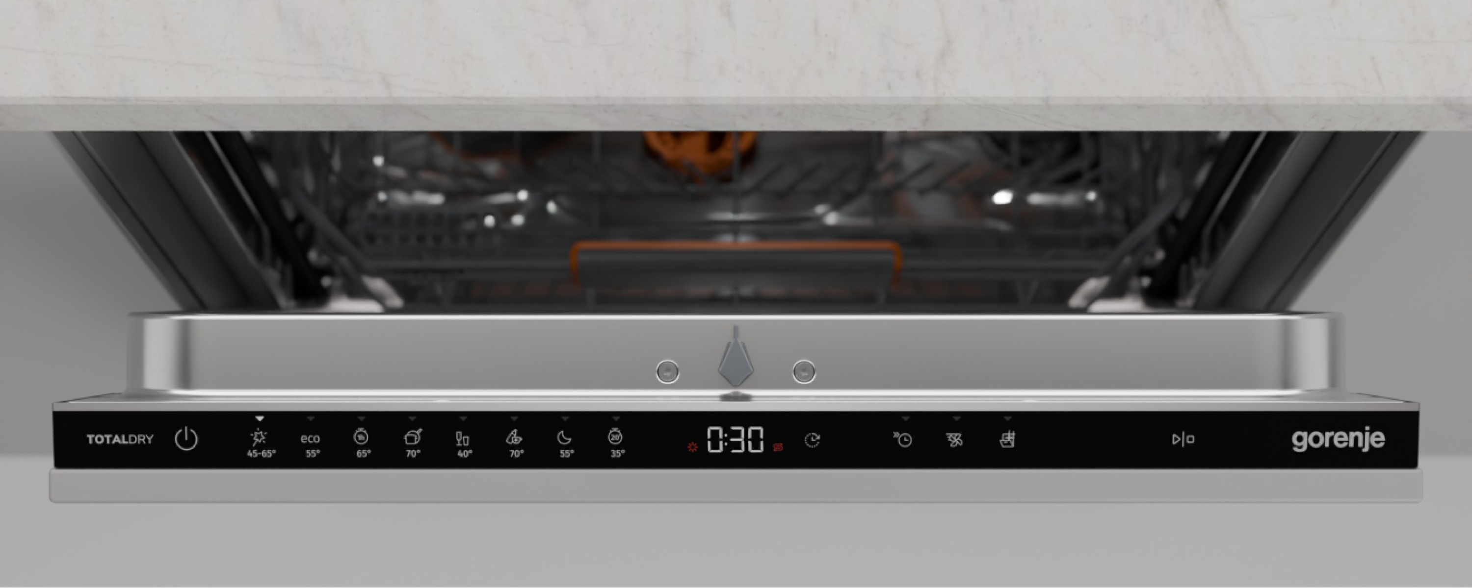 Panel sterowania zmywarki z przyciskami i wyświetlaczem cyfrowym pokazującym 0:30. Widoczna marka 'gorenje'.