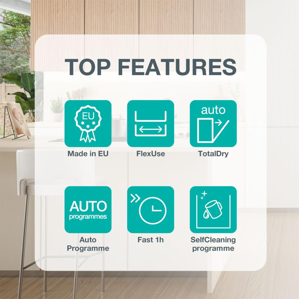 Das Bild zeigt Top-Features: Made in EU, FlexUse, TotalDry, Auto Programme, Fast 1h und SelfCleaning programme. Symbole sind abgebildet.