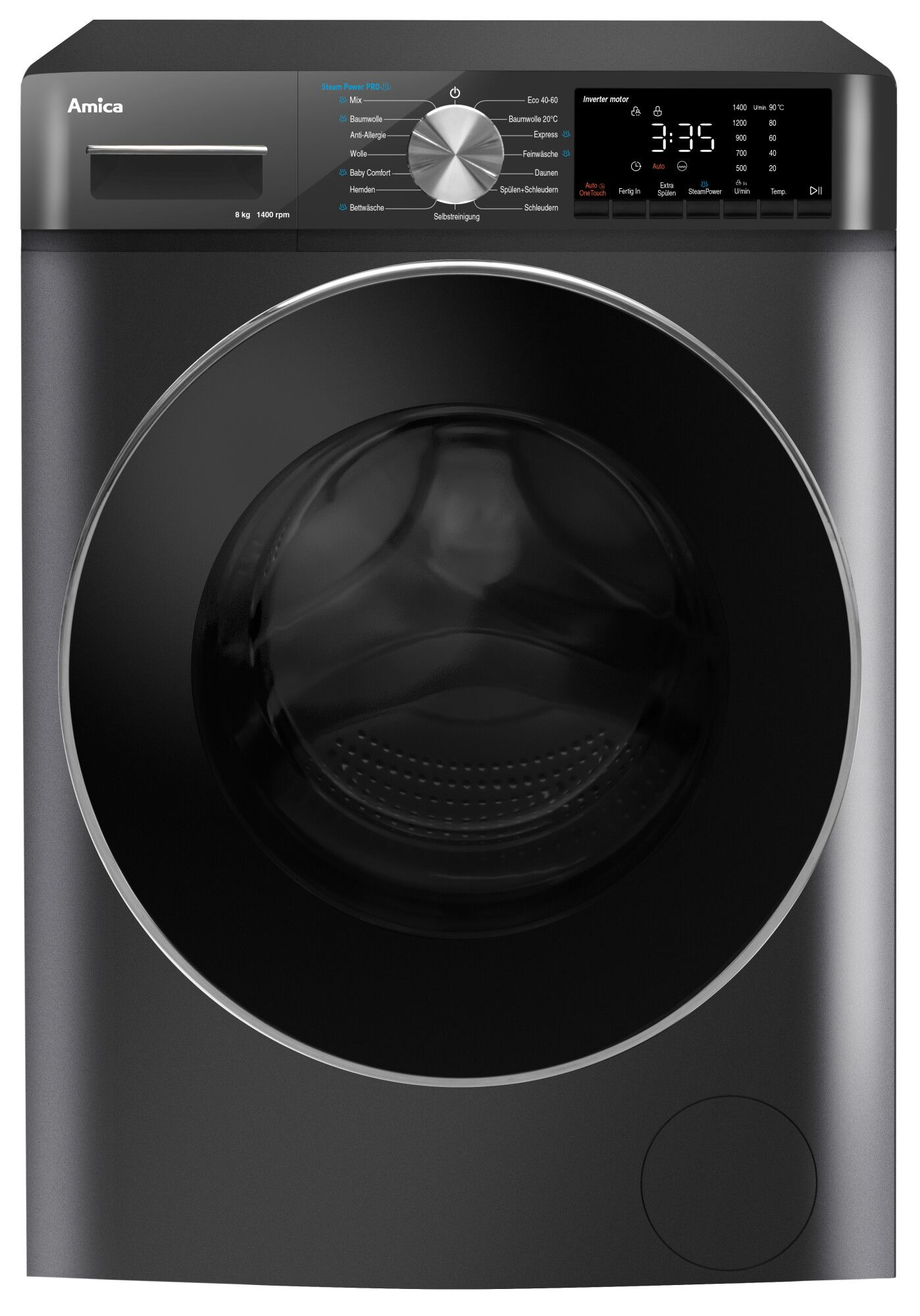 Eine schwarze Amica Waschmaschine mit Glastür, Bedienfeld und Digitalanzeige. Sie zeigt Zeit und Waschoptionen.