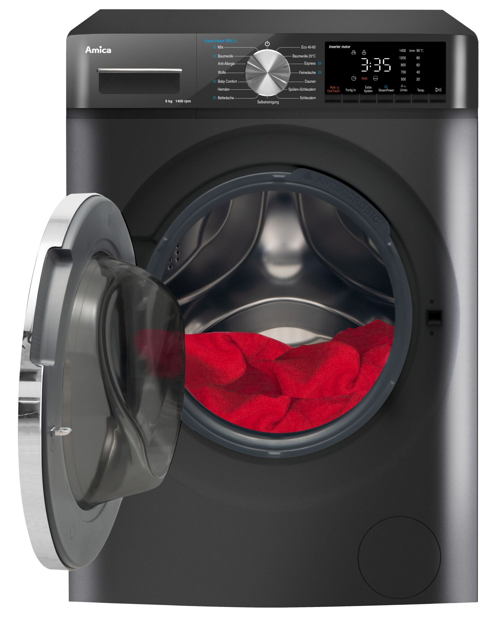 Eine schwarze Waschmaschine mit geöffneter Tür. Roter Stoff befindet sich im Inneren. Ein digitales Display zeigt die Zeit an. Die Marke ist Amica.