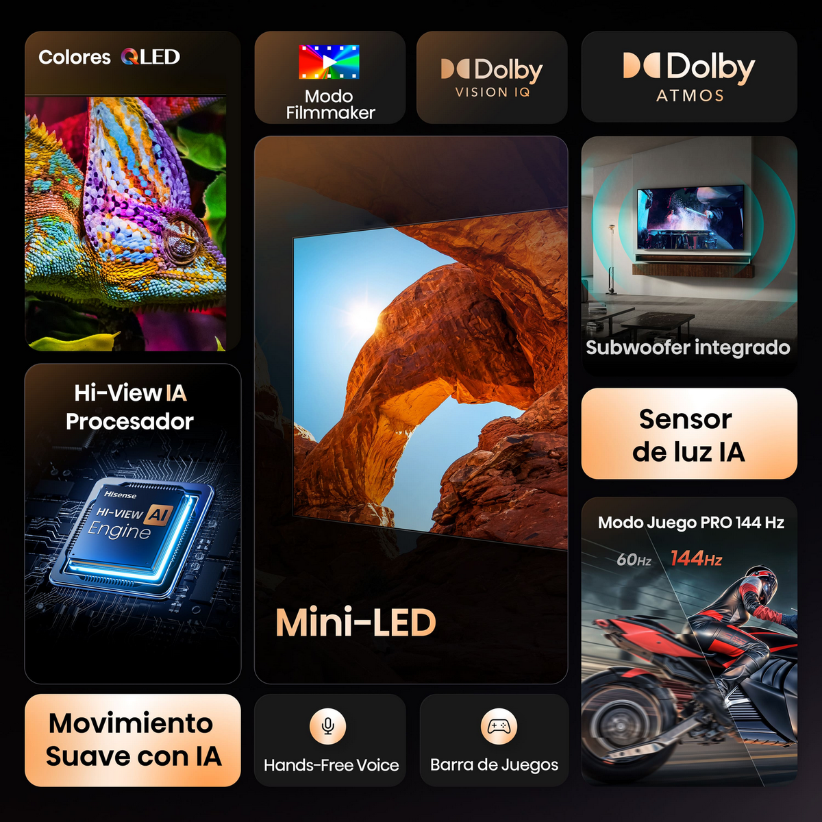 Obraz promocyjny dla telewizora. Wyświetla funkcje takie jak QLED, Dolby Vision, Mini-LED i motocykl wyścigowy na ekranie.