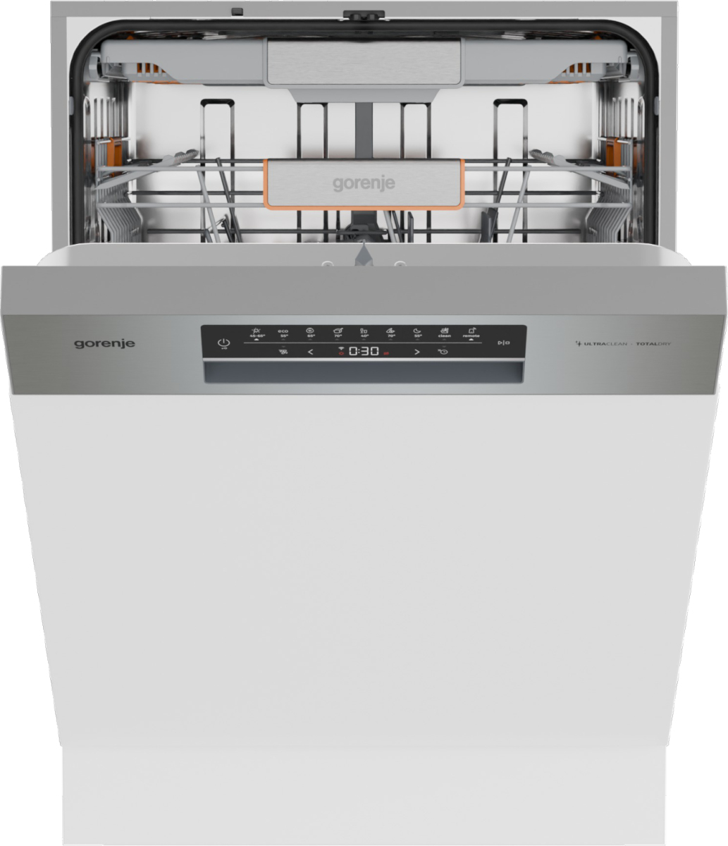 Ein weißer Gorenje-Geschirrspüler mit geöffneter Tür. Die Steuerung zeigt einen Timer und verschiedene Einstellungen. Der Innenraum hat Gestelle.