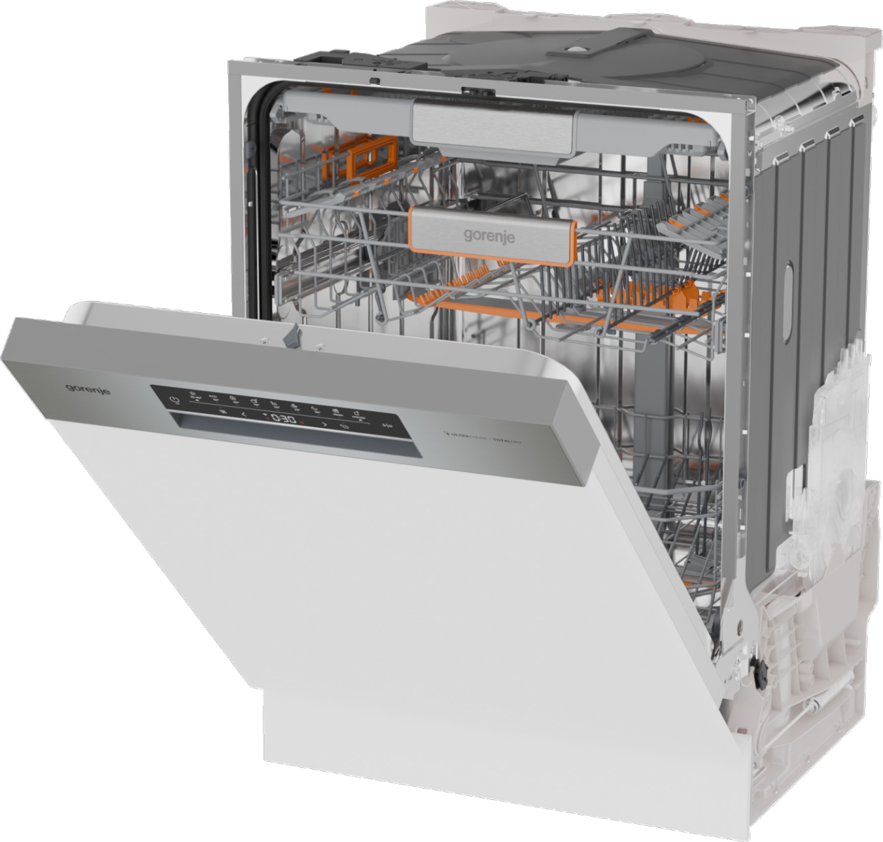 Eine teilweise zerlegte Spülmaschine mit geöffneter Tür. Innen sind Gestelle, orangefarbene Akzente und die Marke 'Gorenje' zu sehen.