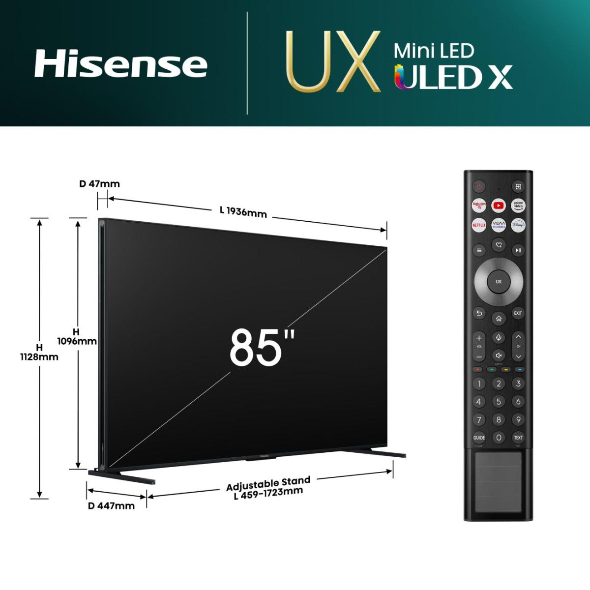 Ein 85-Zoll-Hisense UX Mini LED ULED X Fernseher mit Fernbedienung. Abmessungen werden angezeigt. Verstellbarer Ständer.