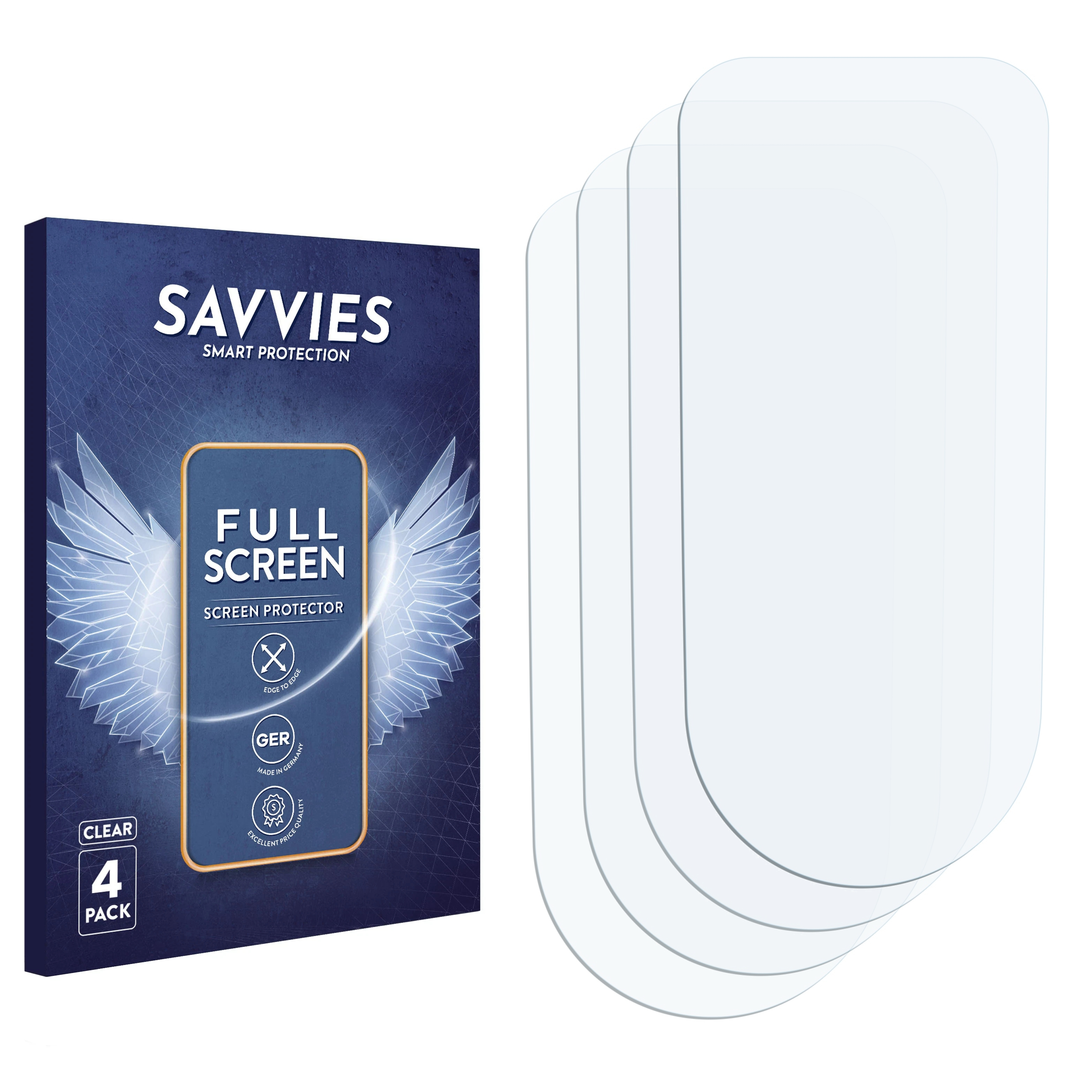 Eine Packung Displayschutzfolien mit Text und ein Satz klarer Displayschutzfolien. Auf der Verpackung steht "SAVVIES" und "FULL SCREEN".