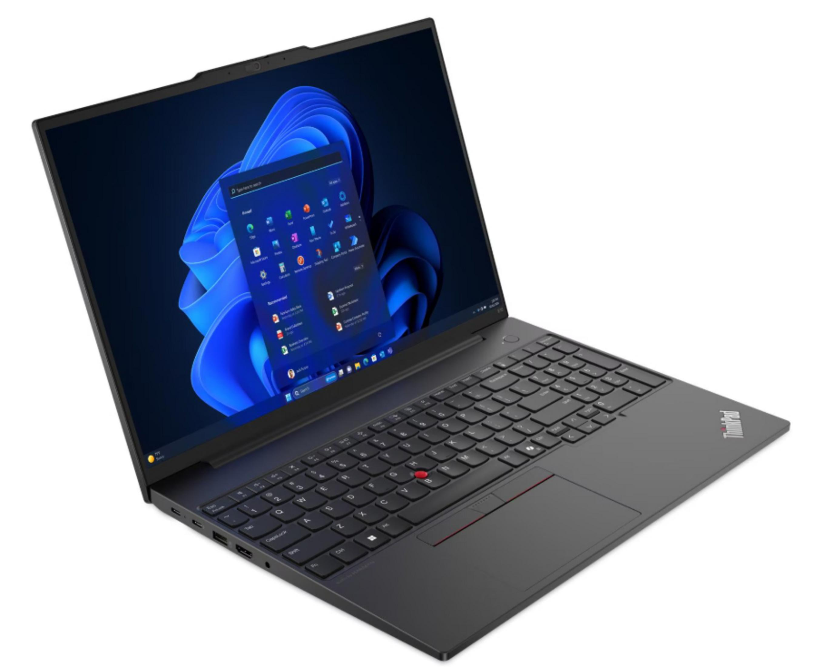 Ein schwarzes ThinkPad-Laptop ist geöffnet und zeigt eine Windows-Oberfläche. Die Tastatur ist sichtbar, der Bildschirm zeigt App-Symbole.