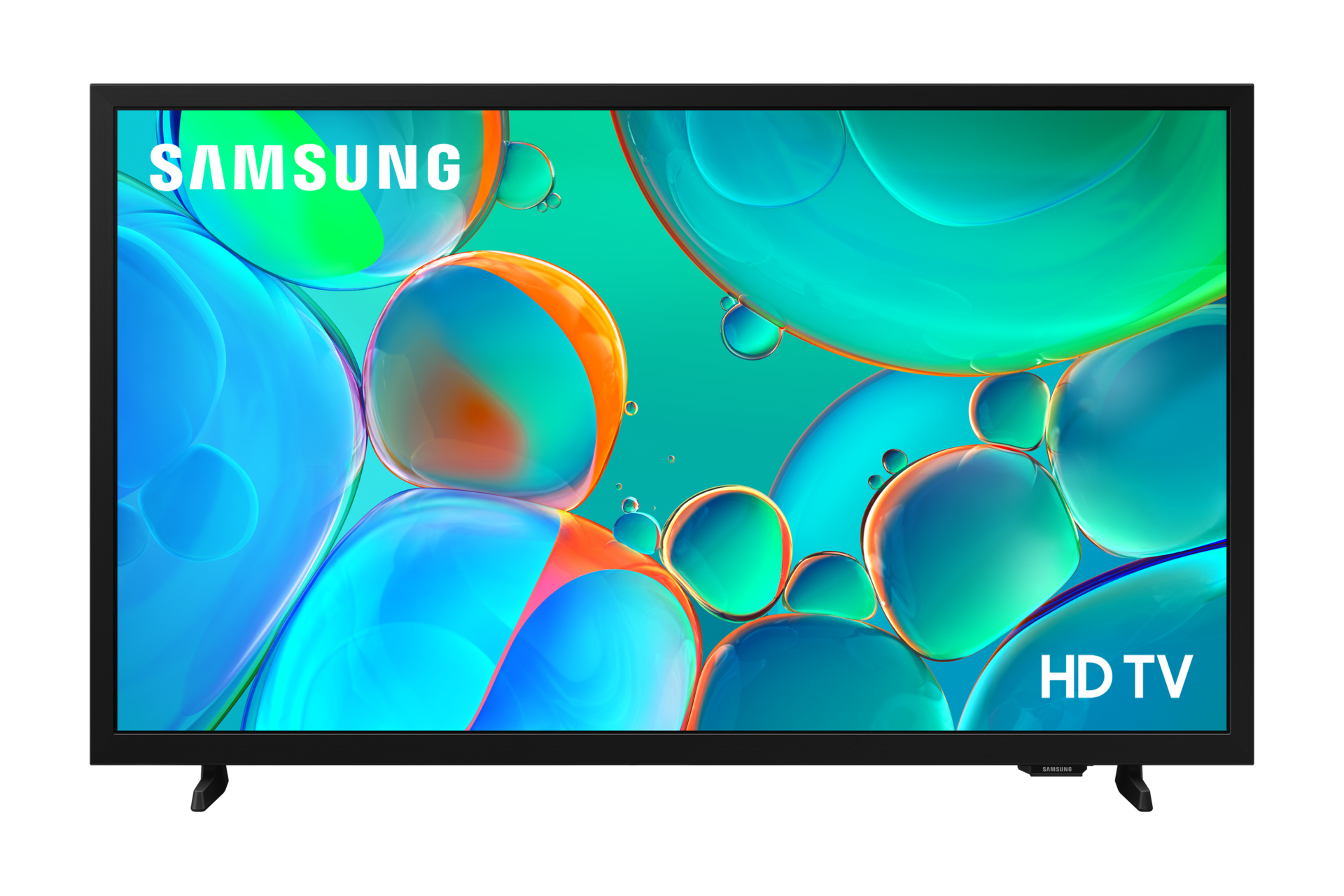 Telewizor Samsung HD wyświetla zielony i niebieski abstrakcyjny wzór. Telewizor ma czarną ramkę i stoi na dwóch czarnych nóżkach.