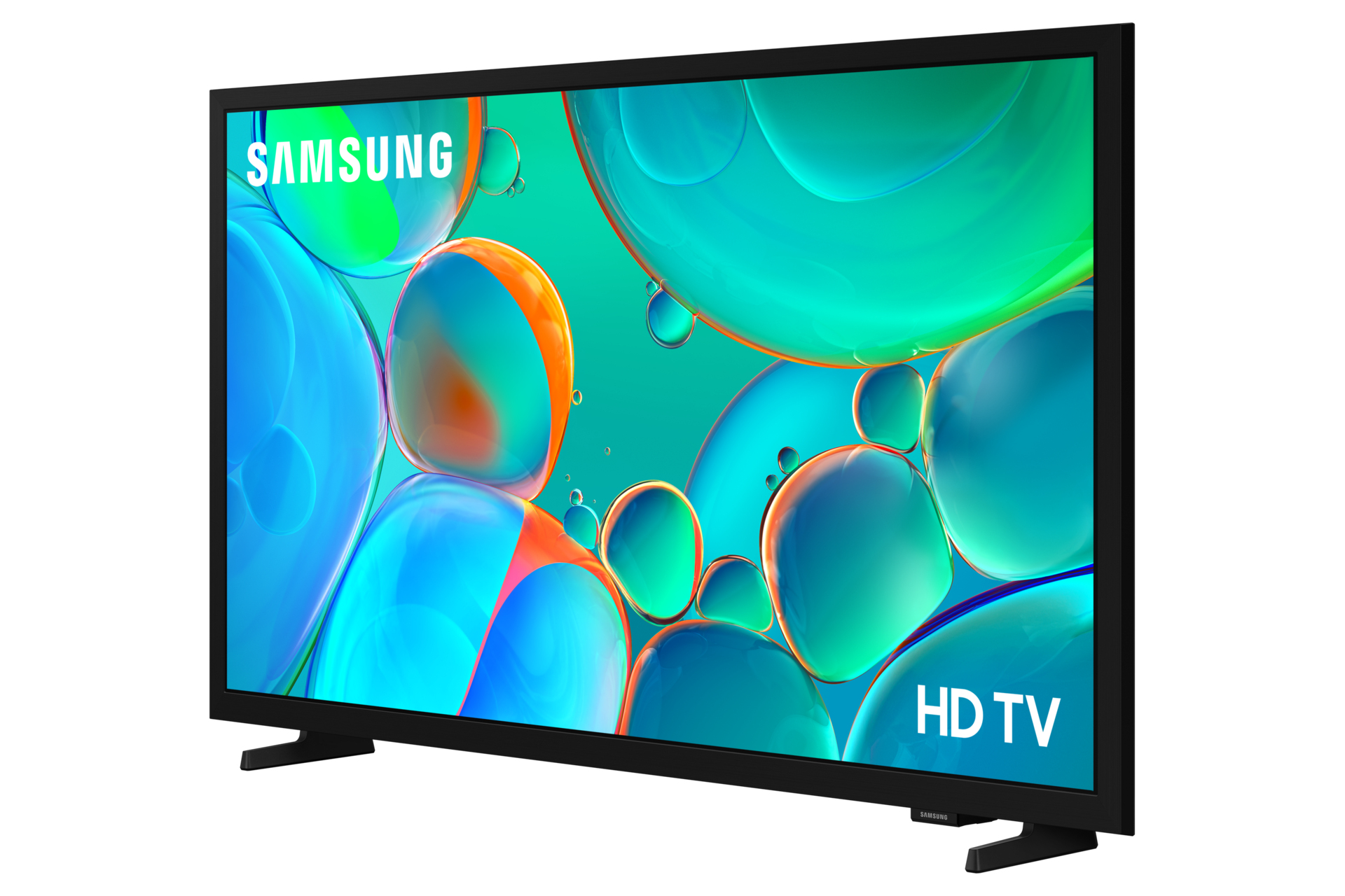 Telewizor HD Samsung wyświetla kolorowe abstrakcyjne tło. Telewizor jest czarny, z logo Samsung i tekstem HD TV na ekranie.