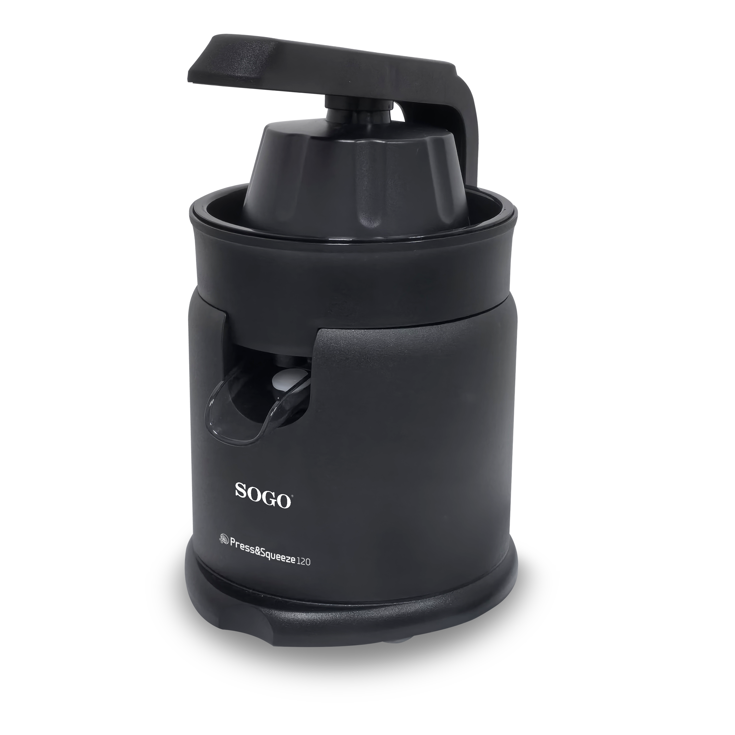Una centrifuga nera SOGO Press&Squeeze 120. Ha una maniglia, una parte superiore a cono e un beccuccio. Sfondo nero.