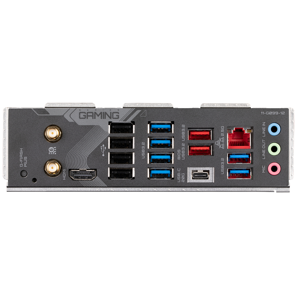 Panel tylny płyty głównej z różnymi portami: USB, audio, HDMI i Ethernet. Etykiety tekstowe: 'GAMING' i 'USB 3.2'.
