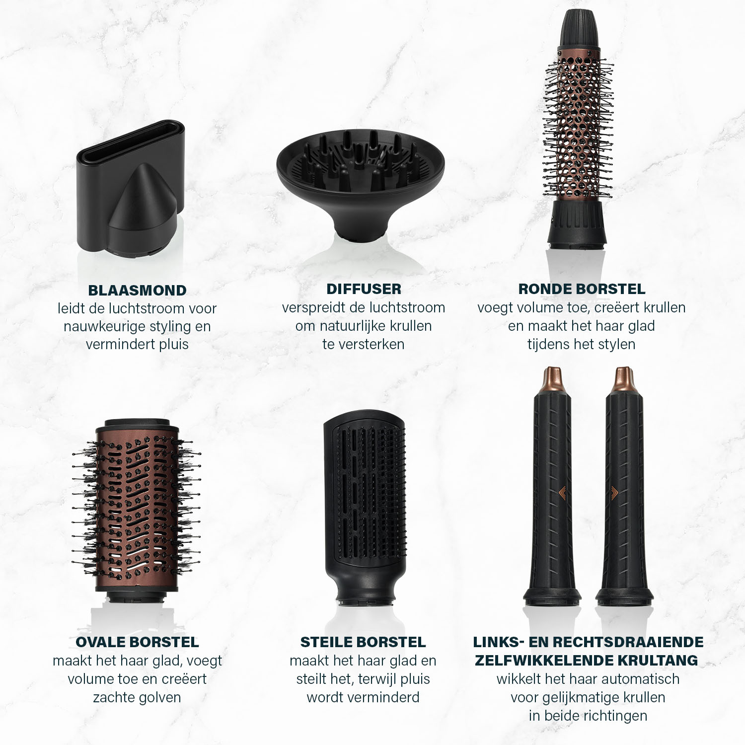 Sześć narzędzi do stylizacji włosów: dysza, dyfuzor, okrągła szczotka, owalna szczotka, prosta szczotka i lokówka.