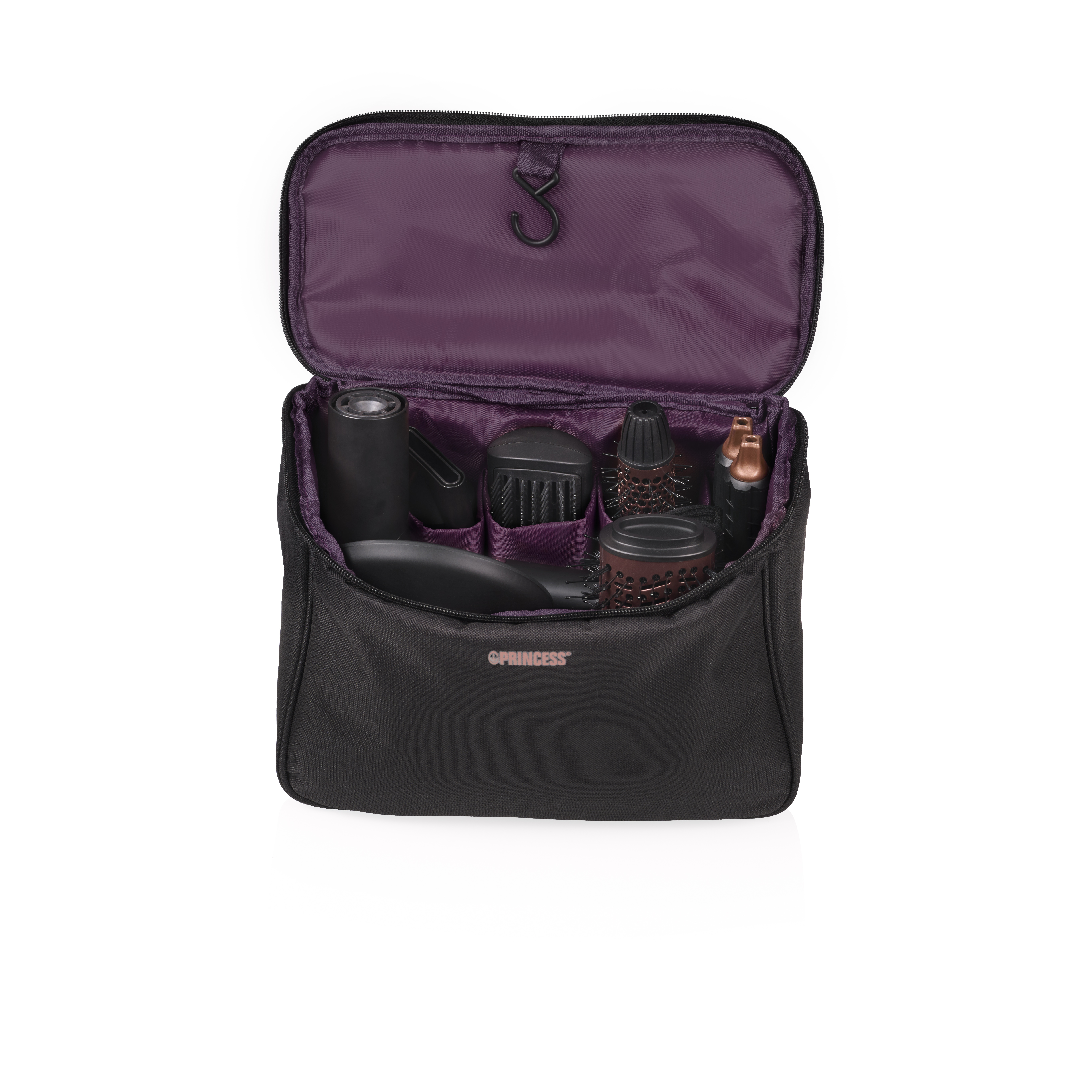 Czarna otwarta torba z narzędziami do stylizacji włosów. Wnętrze jest fioletowe.