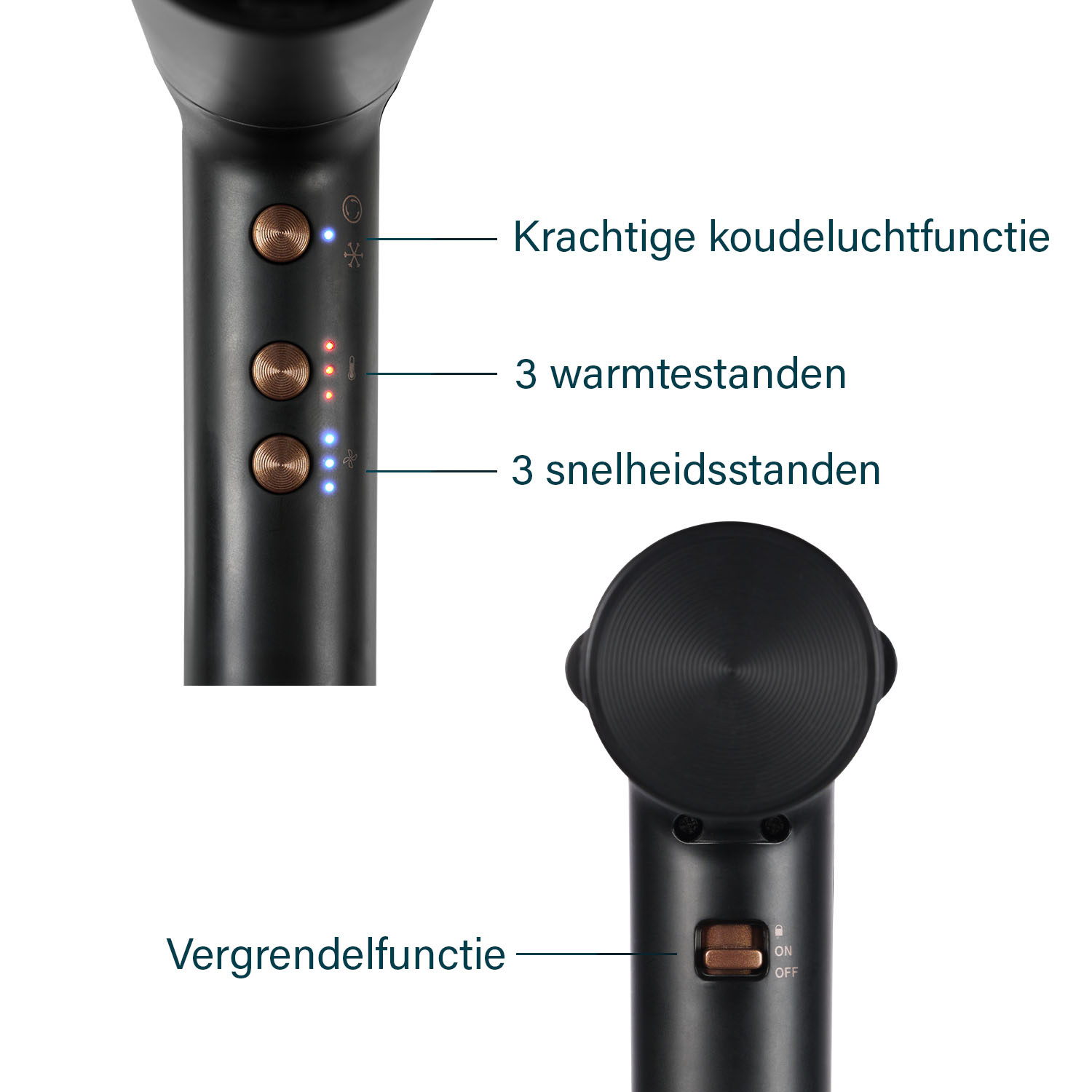Czarna suszarka do włosów z przyciskami. Funkcje: zimne powietrze, 3 ustawienia ciepła, 3 prędkości i blokada.