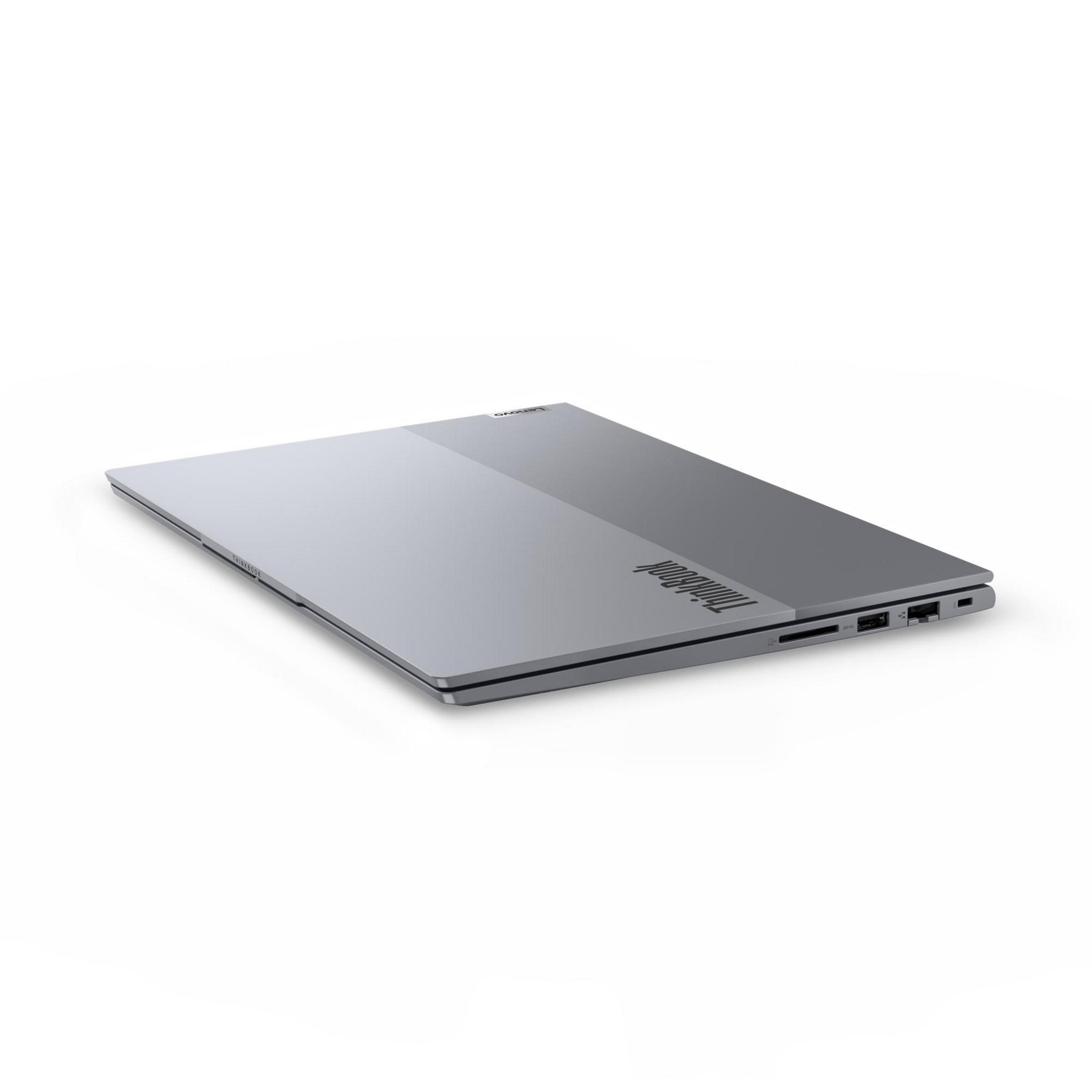 Un laptop Lenovo ThinkBook argentato chiuso su sfondo bianco. Il logo ThinkBook è visibile.
