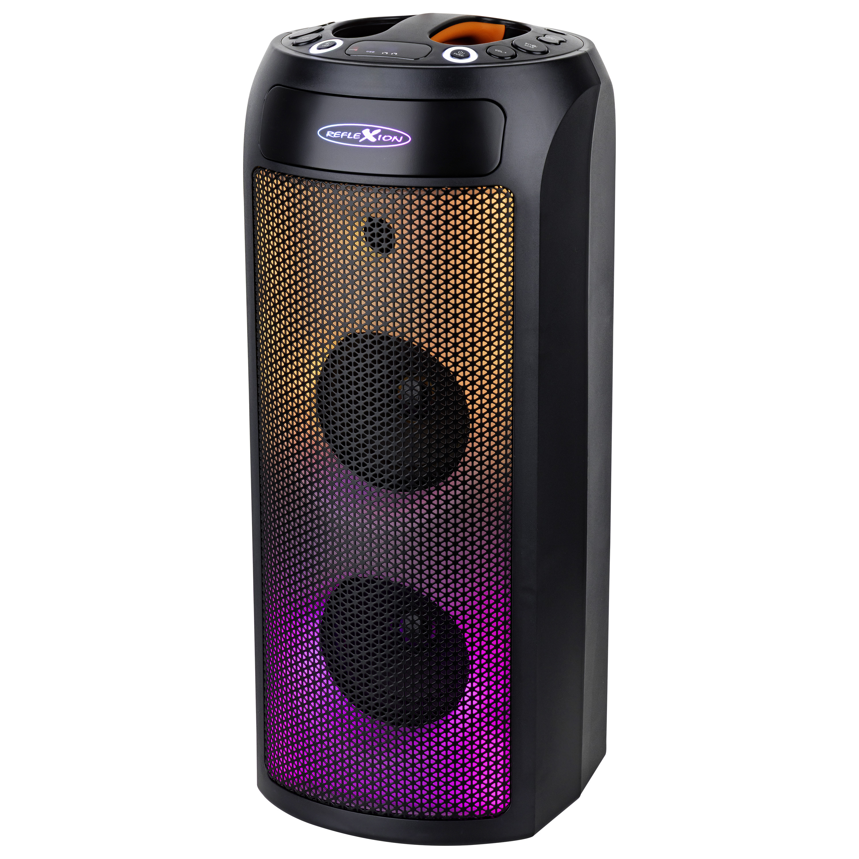 Schwarzer Reflexion-Lautsprecher mit Mesh-Front. Zwei Lautsprecher sichtbar. Oben Bedienelemente und orangefarbene Akzente. Lichter wechseln Farben.