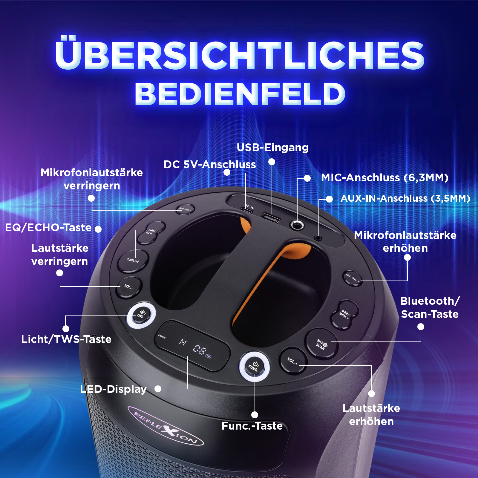 Schwarzer Lautsprecher mit Bedienfeld. Hat USB-, Mikrofon-, Aux-Eingänge und Tasten für Lautstärke, EQ, Licht, Bluetooth und Funktion.