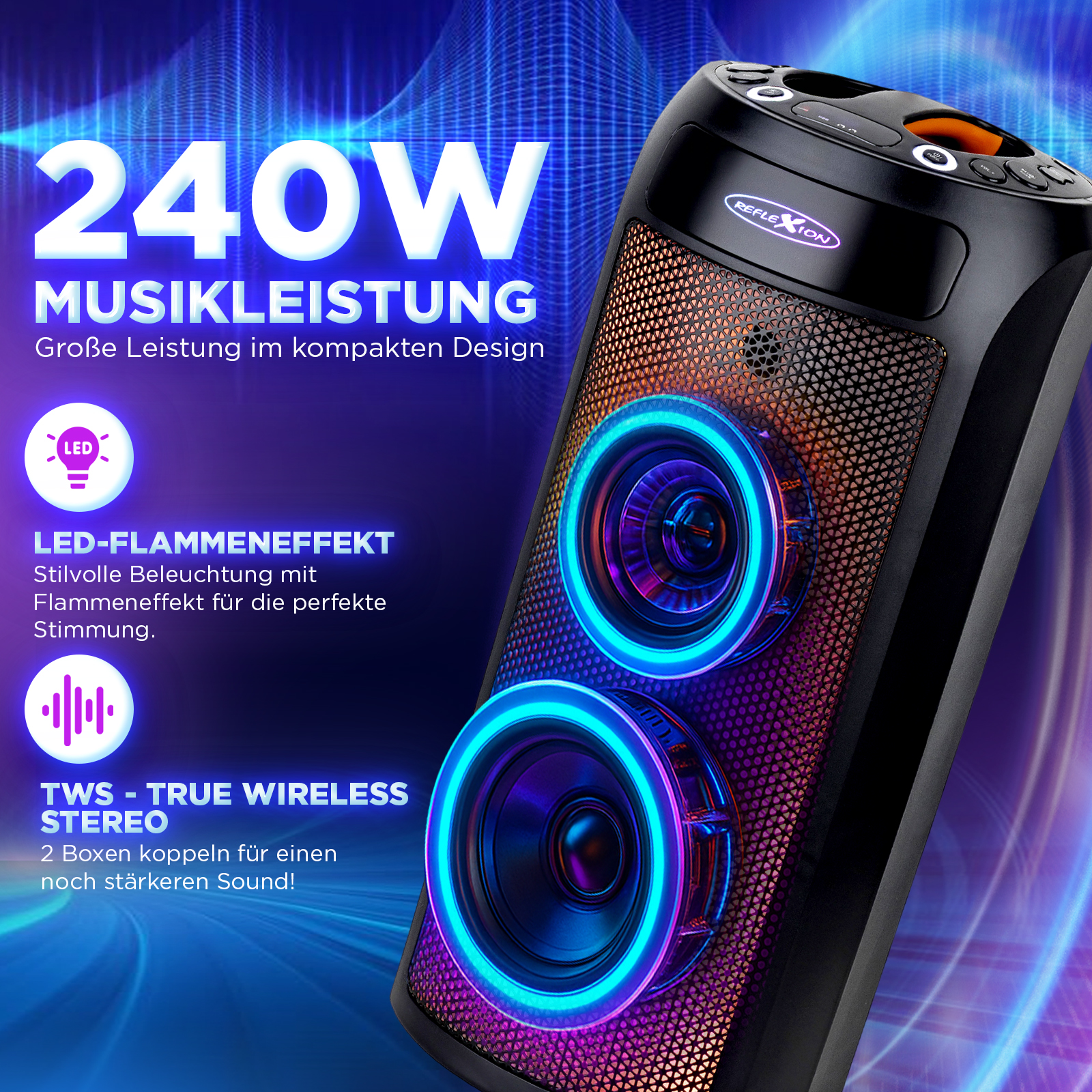 Ein schwarzer Lautsprecher mit blauen und orangefarbenen Lichtern. Text auf dem Bild enthält 240W, LED und TWS - TRUE WIRELESS STEREO.