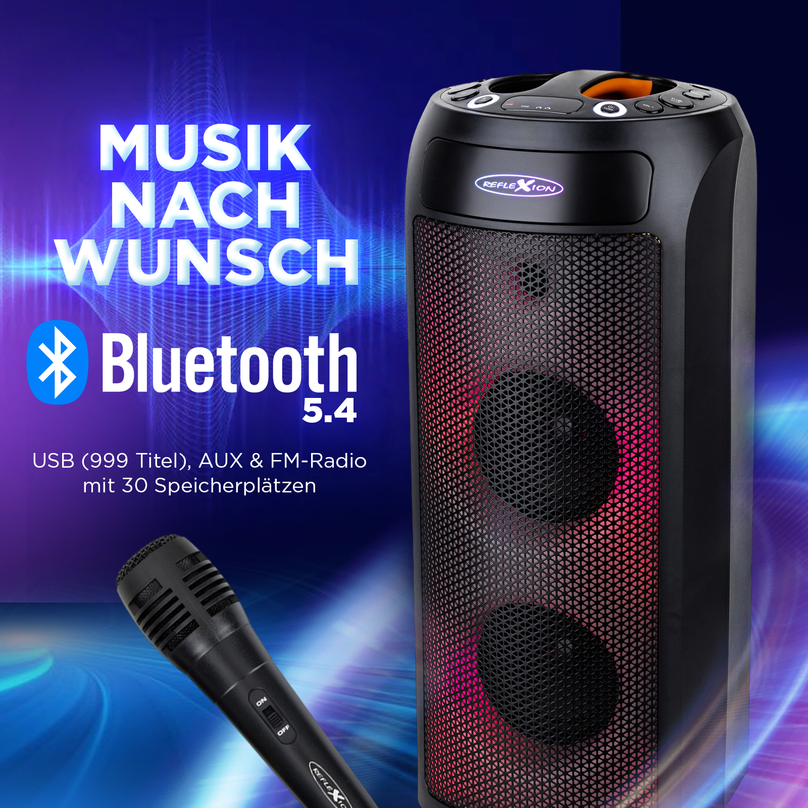 Ein schwarzer Lautsprecher mit Mikrofon. Text: Musik nach Wunsch, Bluetooth 5.4, USB, AUX & FM-Radio.