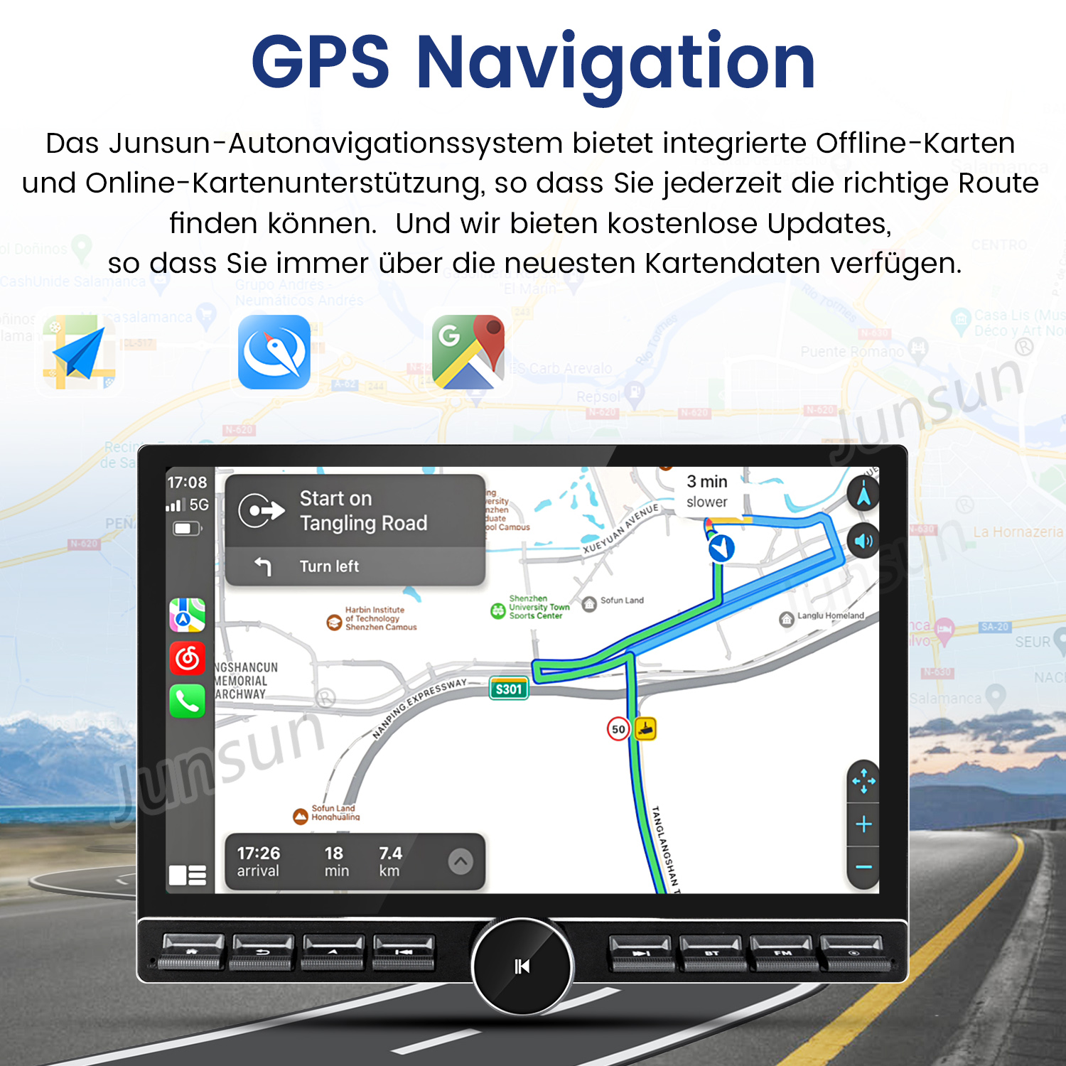 Ein GPS-Navigationsbildschirm zeigt eine Routenkarte. Der Bildschirm zeigt das Armaturenbrett eines Autos und eine Straße im Hintergrund.
