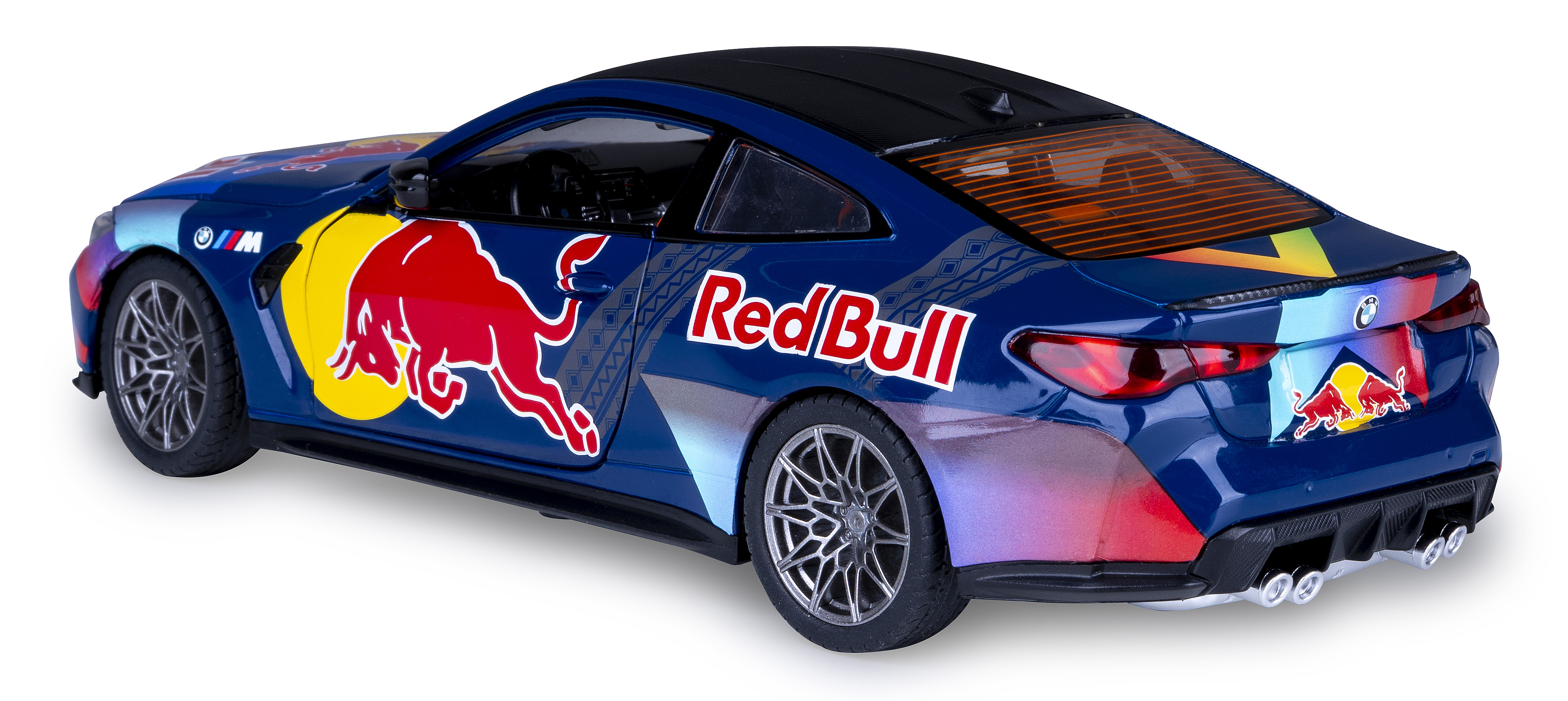 Blaues Red Bull BMW Spielzeugauto. Es hat das Red Bull-Logo und -Branding. Das Auto steht auf weißem Hintergrund.