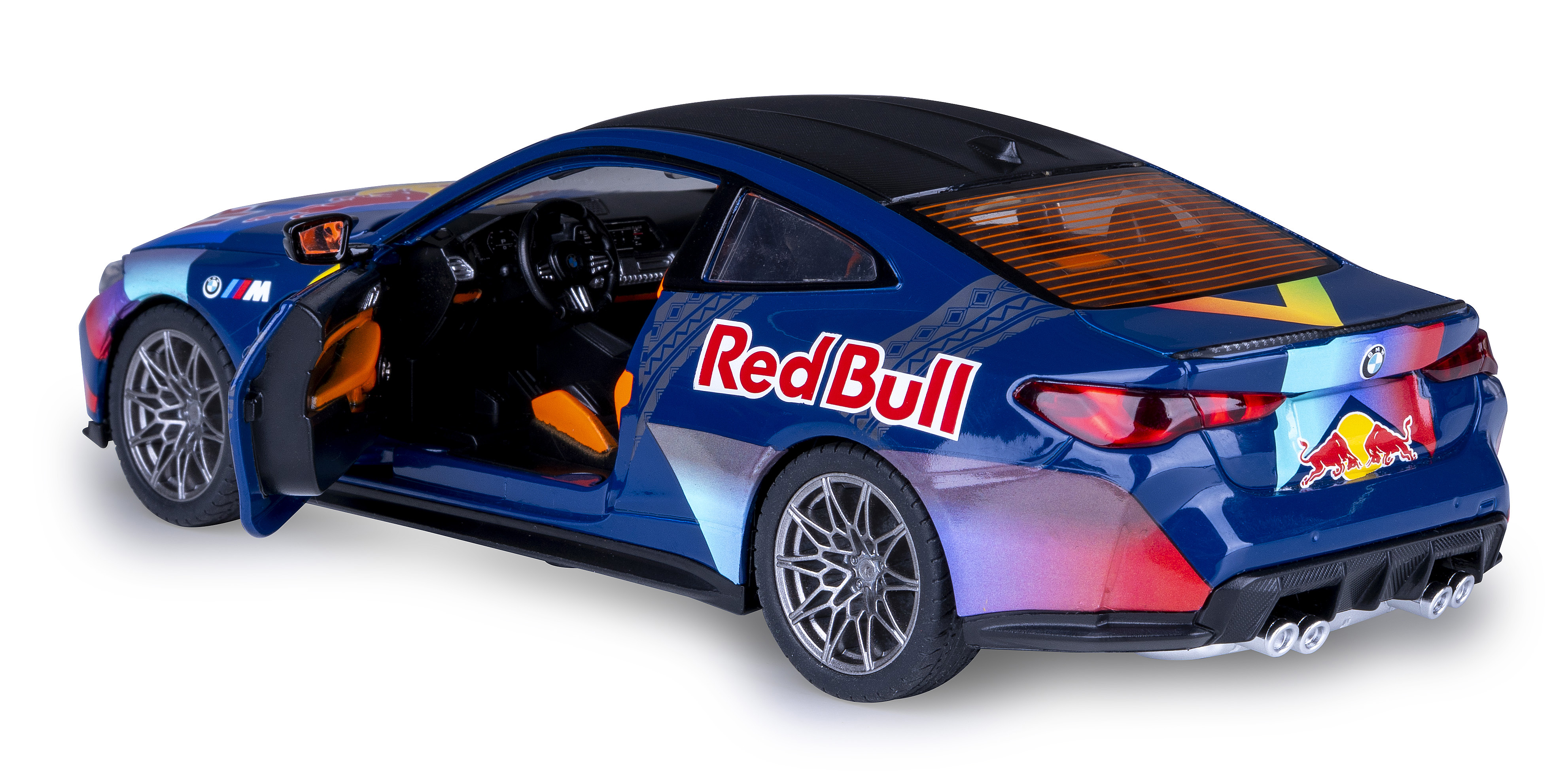 Ein blaues BMW-Modellauto mit Red Bull-Branding. Die Tür ist offen. Das Auto hat ein schwarzes Dach und der Innenraum ist orange.