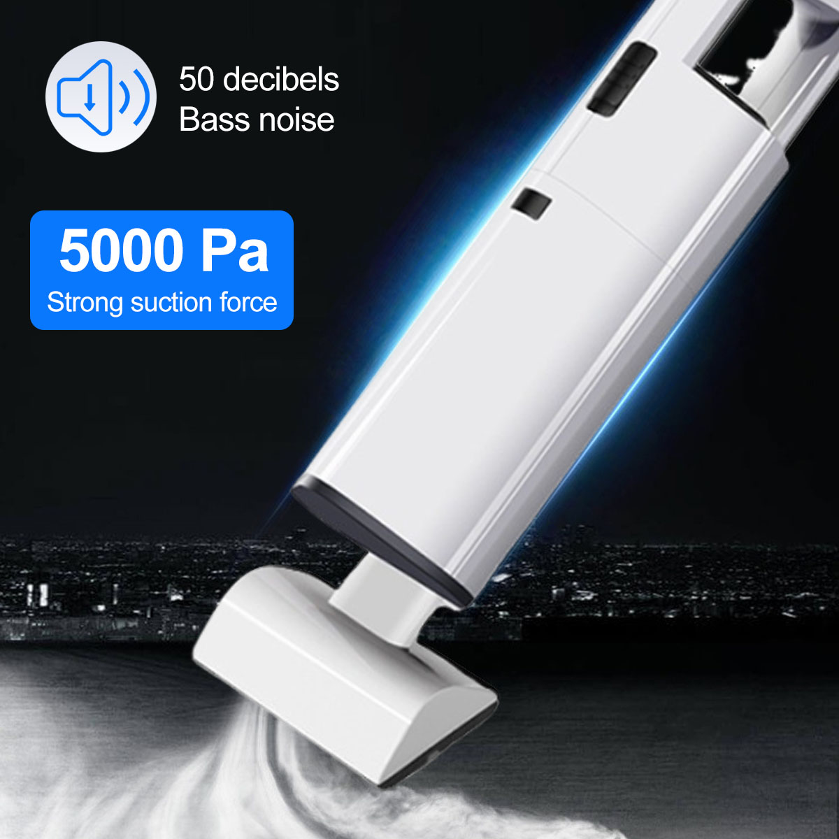 Ein weißer Staubsauger mit dem Text '5000 Pa starke Saugkraft' und '50 Dezibel Bassgeräusch' auf dunklem Hintergrund.