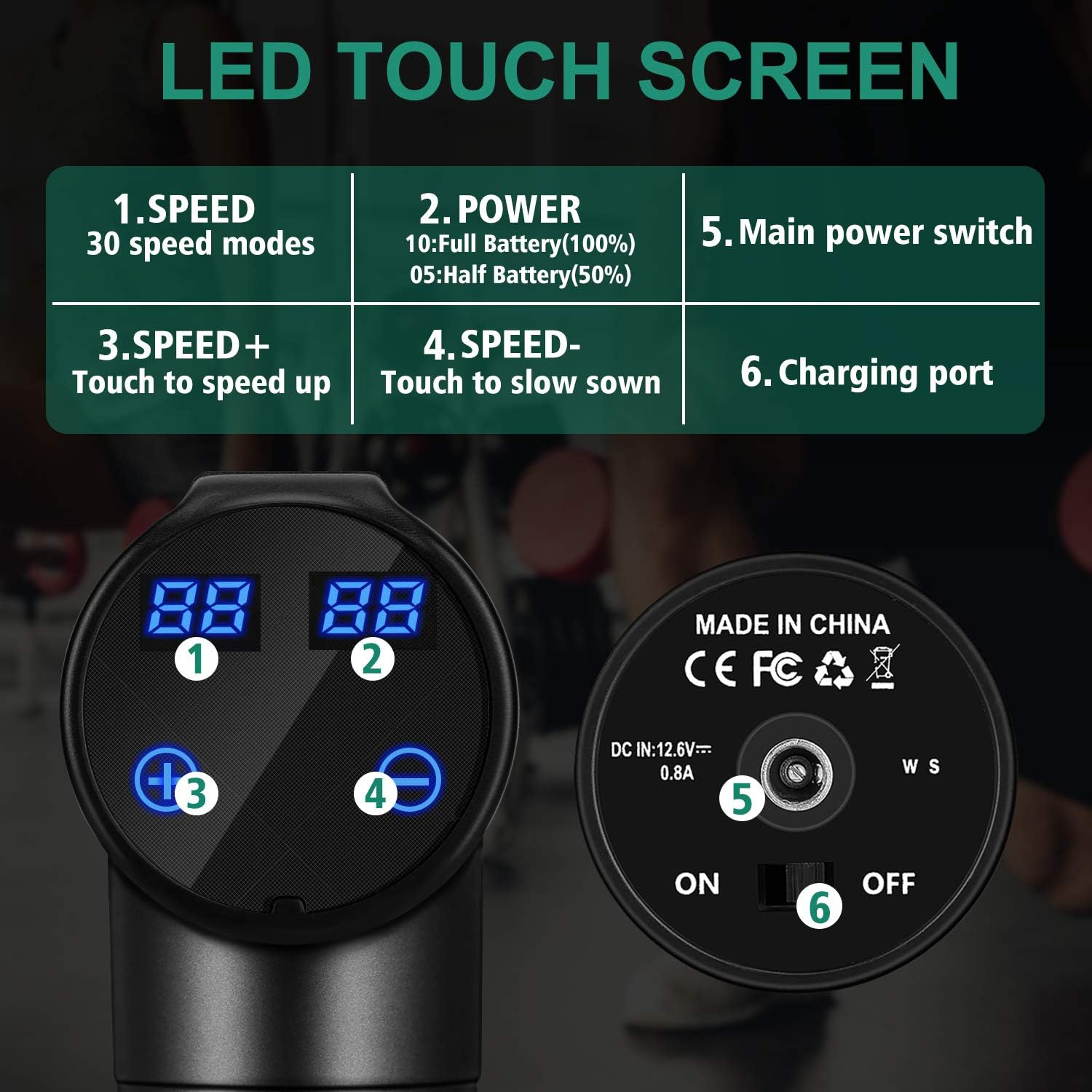 LED-Touchscreen mit Geschwindigkeitsmodi, Stromversorgung und Ladeanschluss. Es zeigt auch Zahlen und Tasten zur Steuerung.