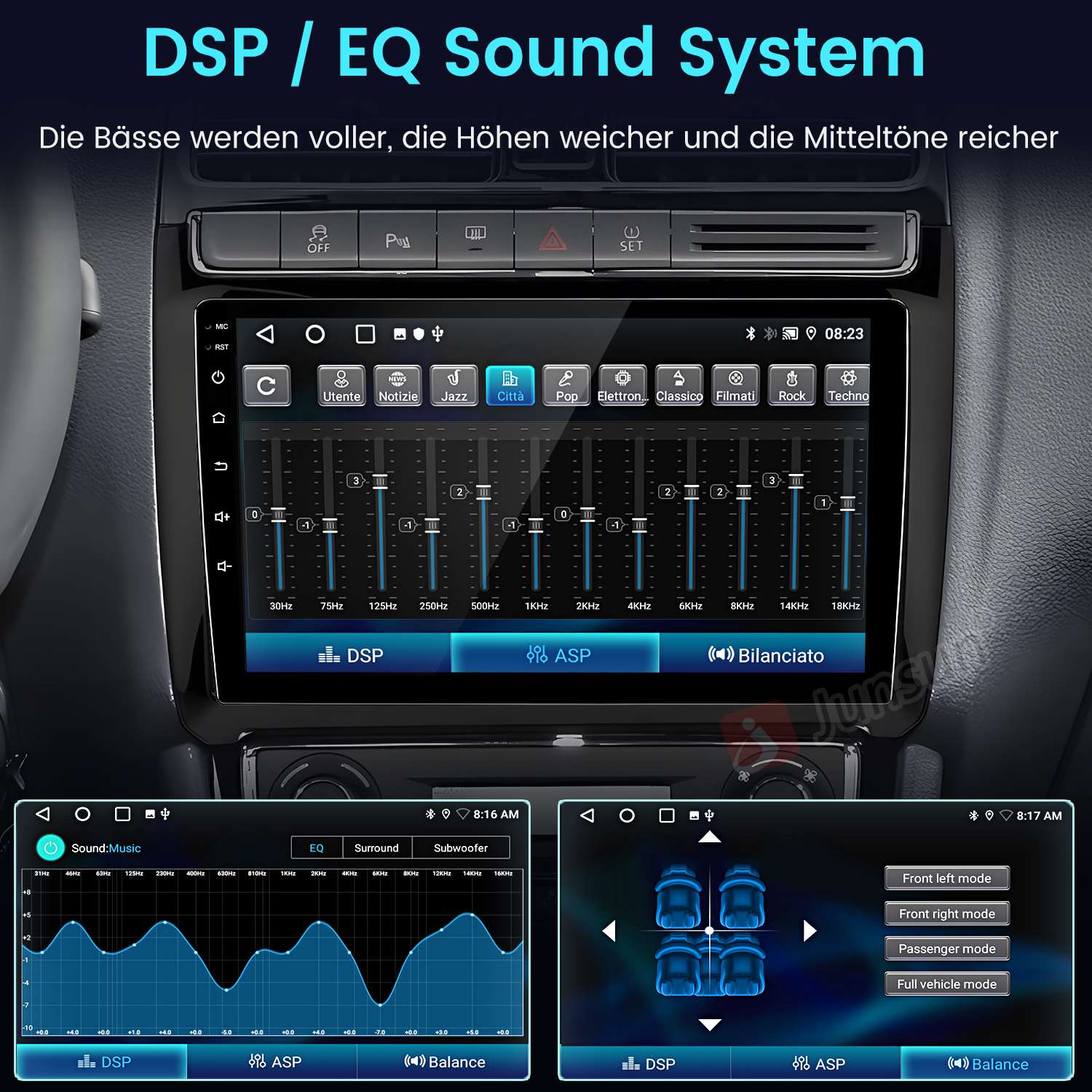 Auto-Multimedia-Bildschirm mit EQ- und Soundeinstellungen. Zeigt Frequenzanpassungen und Balance-Steuerung an.