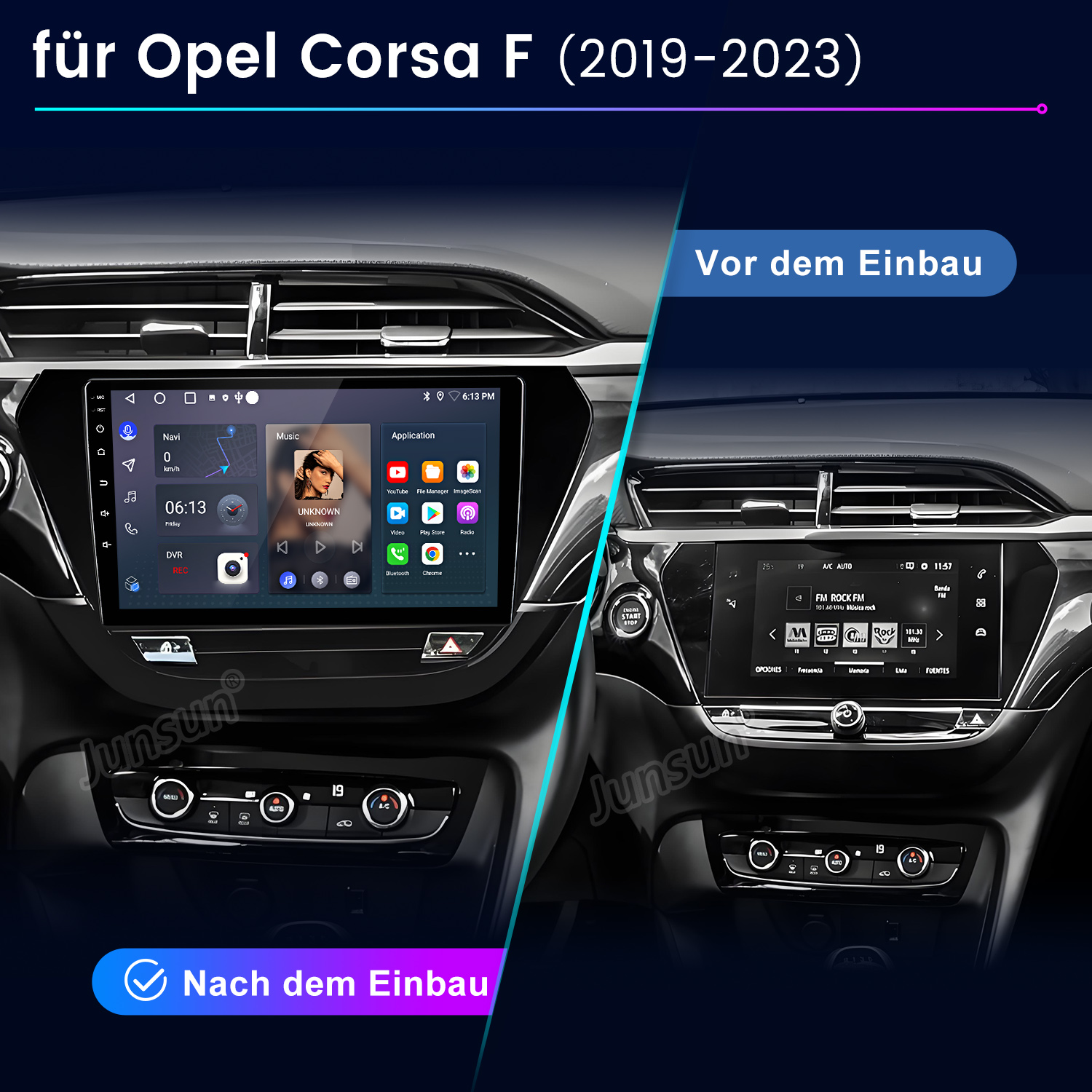 Vergleich des Armaturenbretts des Autos. Die linke Seite zeigt den Bildschirm mit Apps. Die rechte Seite zeigt die Radioschnittstelle.