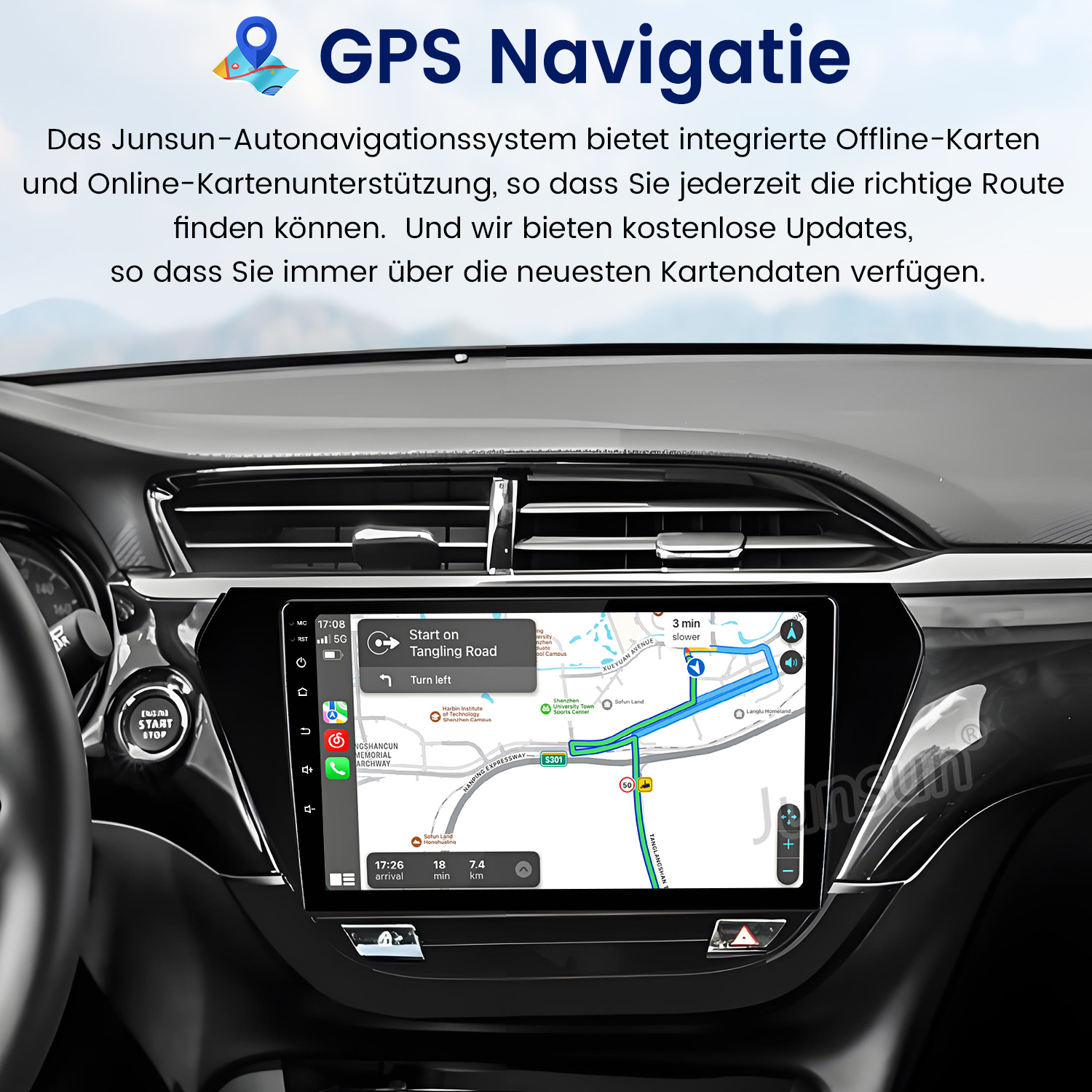 Armaturenbrett mit Navigationsbildschirm, der eine Karte mit Wegbeschreibungen und eine Start/Stopp-Taste anzeigt.