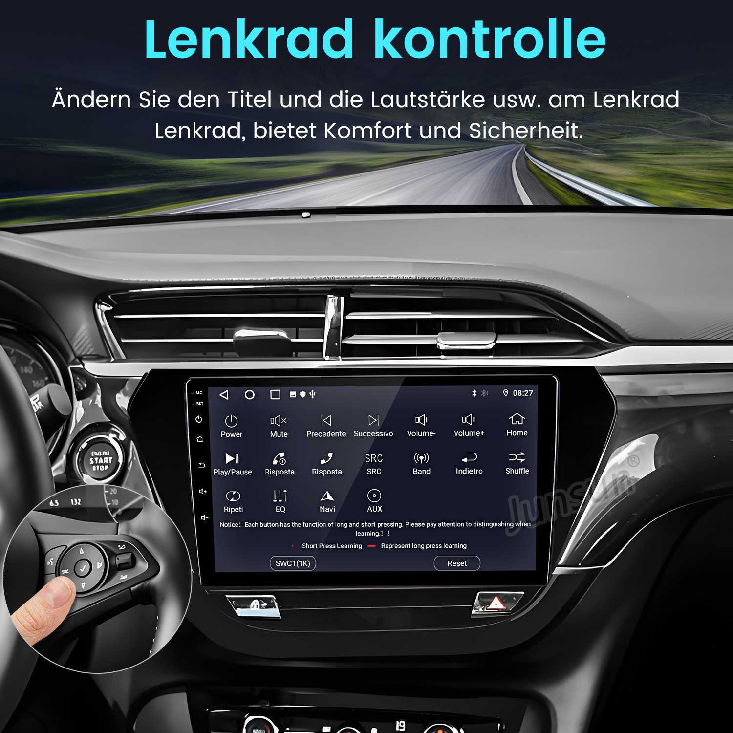 Autoinnenraum mit Touchscreen-Display. Lenkrad mit Tasten, Hand drückt eine Taste. Text oben: "Lenkrad kontrolle".