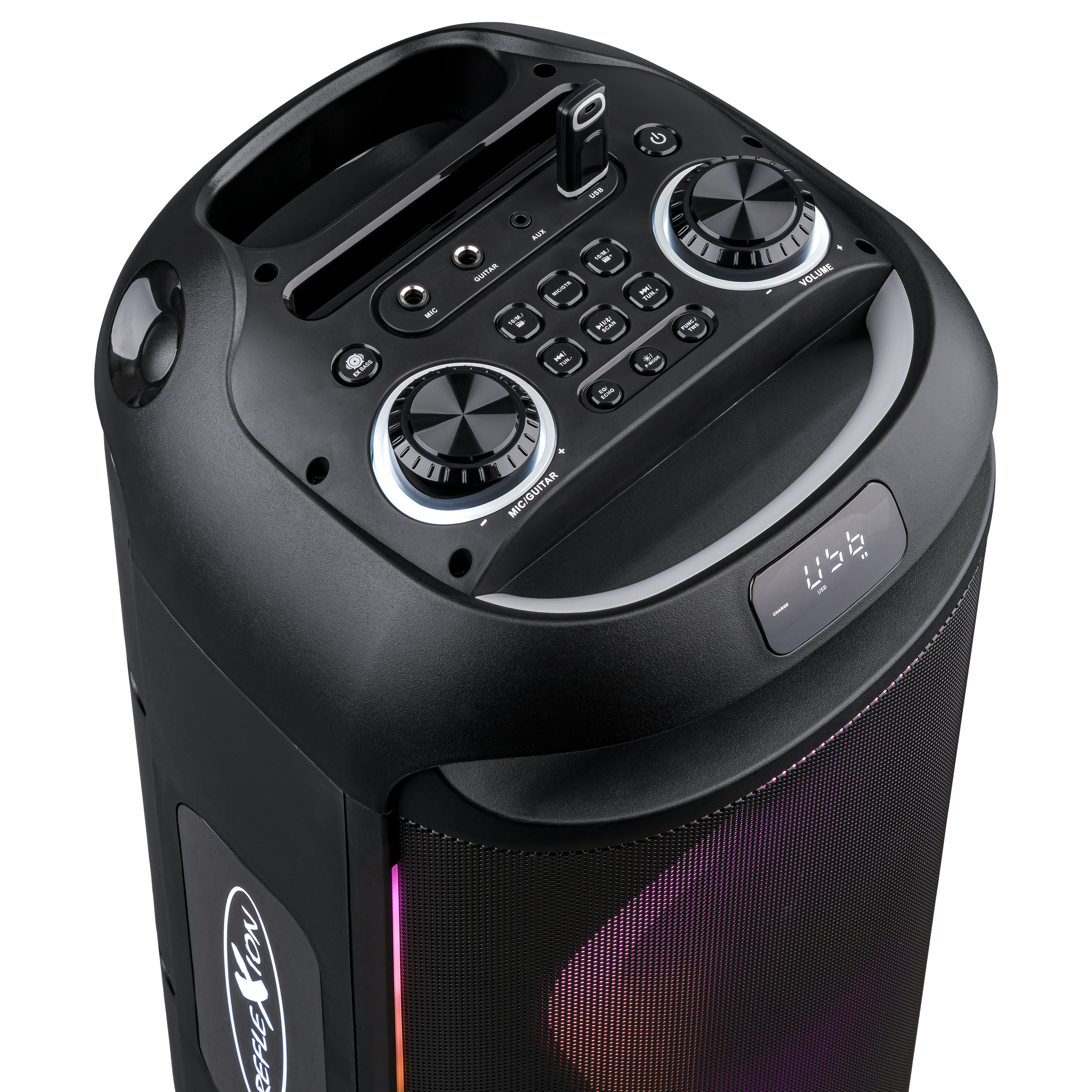 Schwarzer Lautsprecher mit Bedienelementen und USB-Anschluss. Er hat ein Display und Mesh-Seiten mit bunten Lichtern.