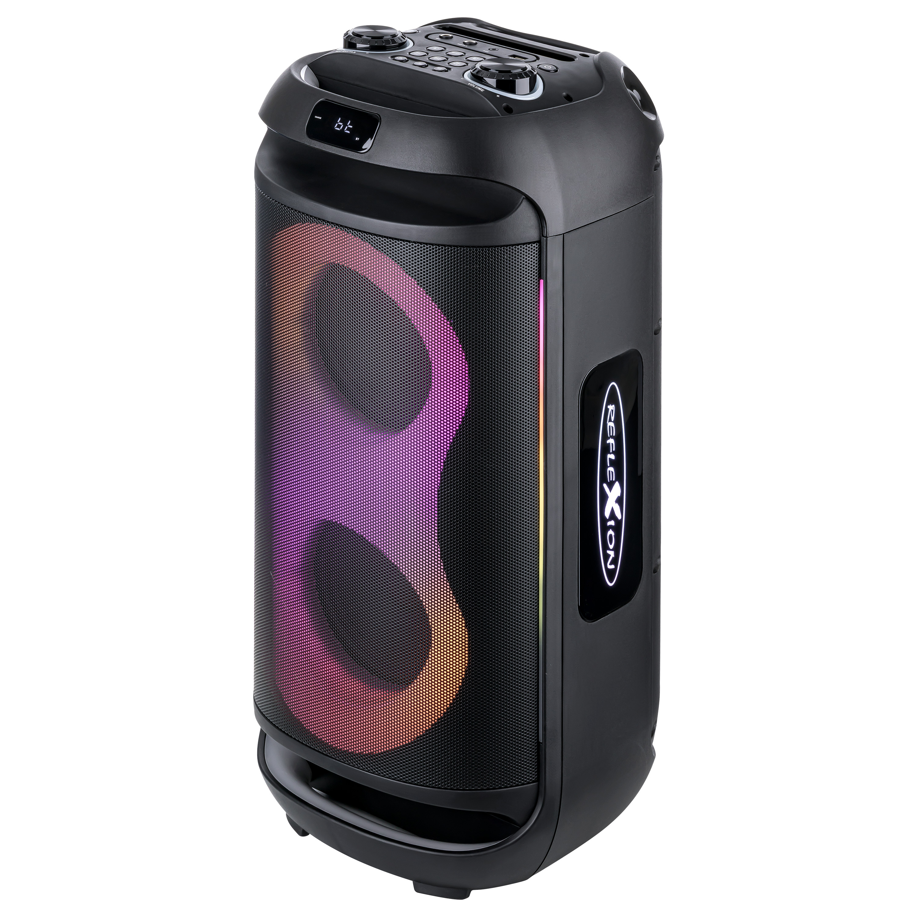 Ein schwarzer Lautsprecher mit bunten Lichtern. Er hat einen Griff, ein Bedienfeld und den Markennamen. Bluetooth-Anzeige.